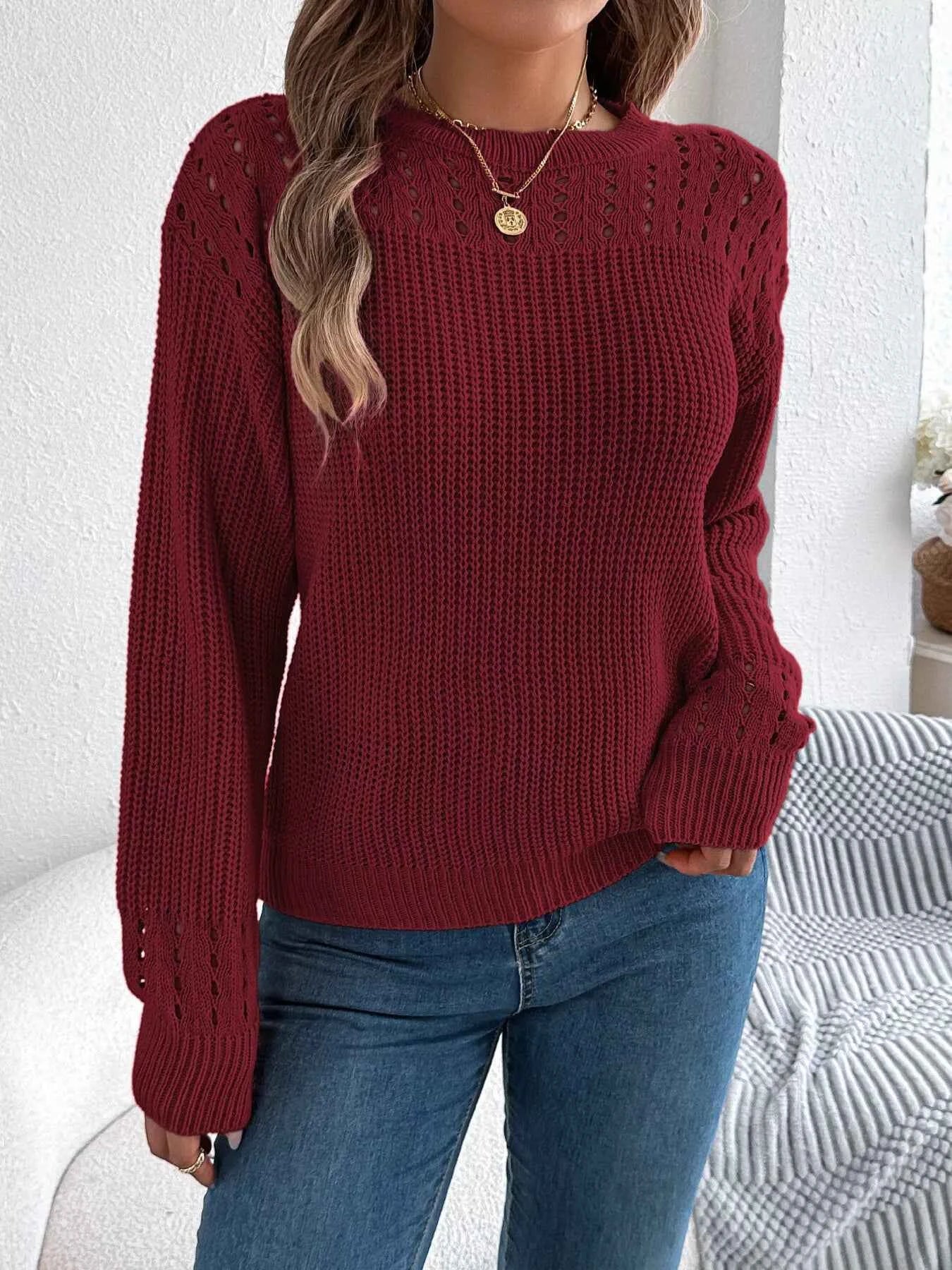 Openwork Round Neck Long Sleeve Sweater 24aec1f6c0064ab1ac3dedfd41c609d4-Max-Origin
