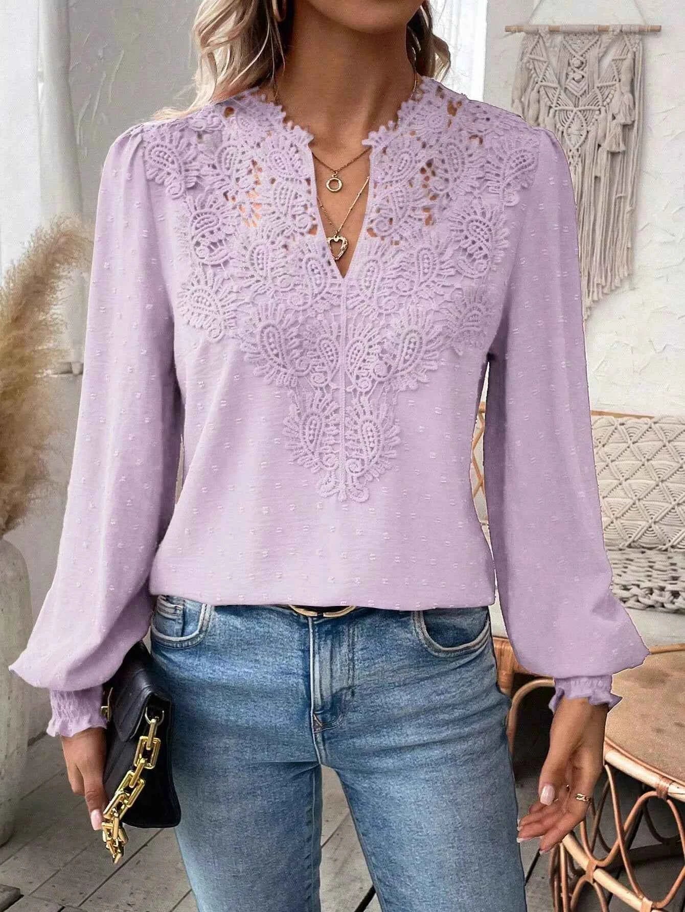 Swiss Dot Lace Detail Long Sleeve Blouse Pink Purple 24ccdc88-e2aa-4585-9819-ba69917c20db-Max-Origin