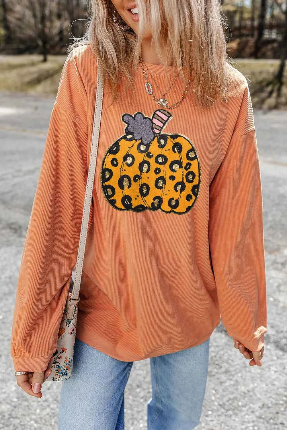Pumpkin Round Neck Long Sleeve Sweatshirt 24d5f0ac-cef7-4536-acb0-09261bd06b16-Max