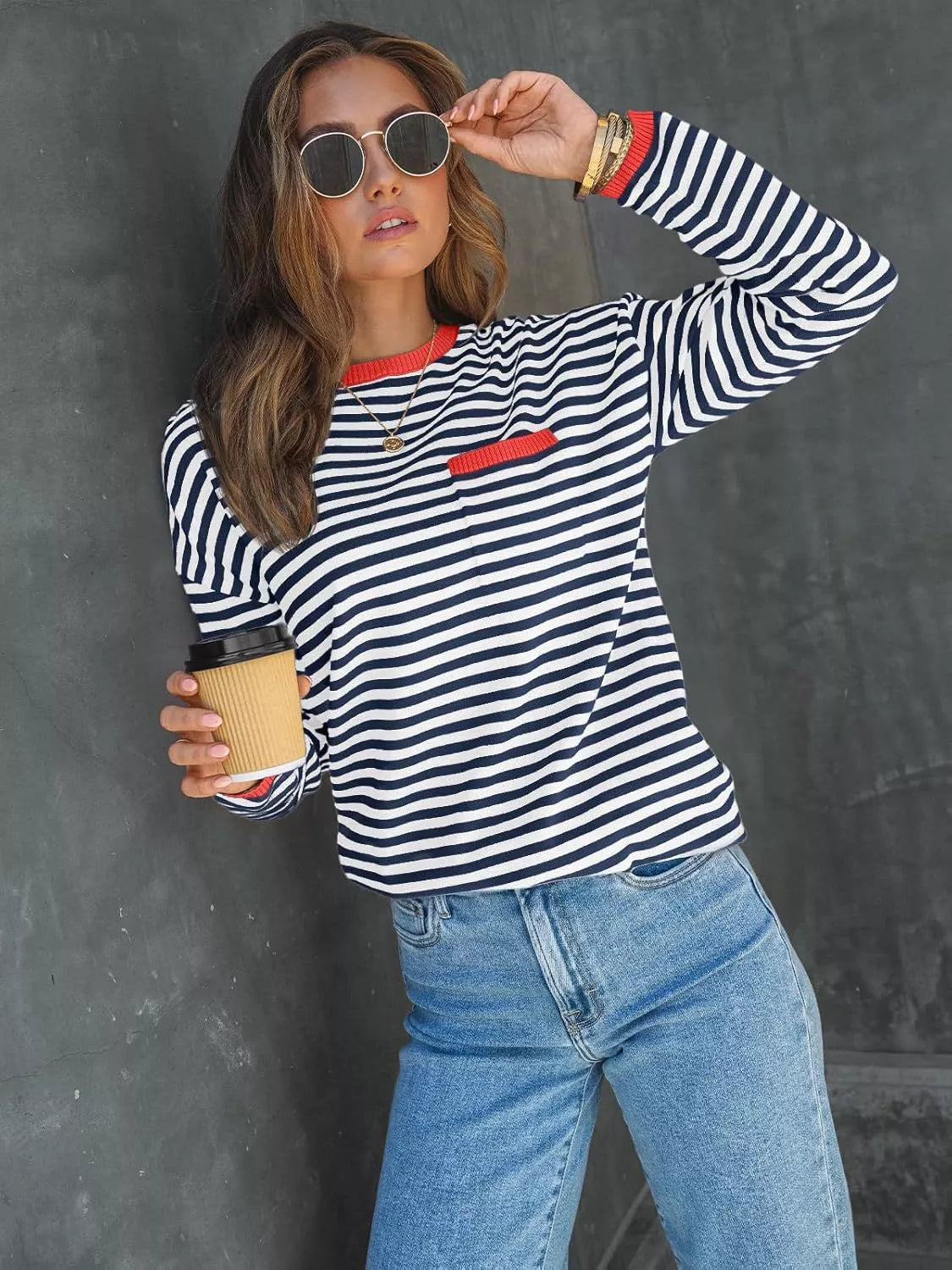 Striped Long Sleeve Sweater with Contrast Ribbed Trim Royal Blue Red 25b415e7-32ce-456e-8a65-13b96557b397-Max-Origin
