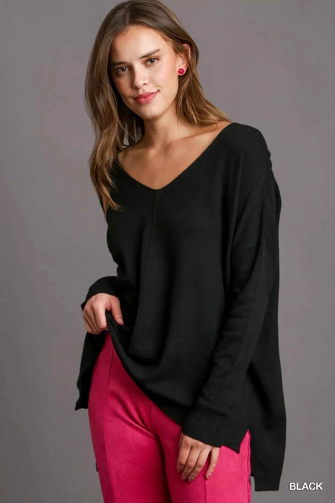 Umgee V-Neck High Low Hem Knit Top with Side Slit Black 268966c8-639d-40ea-af02-7f7f27ef93cf-Max-Origin