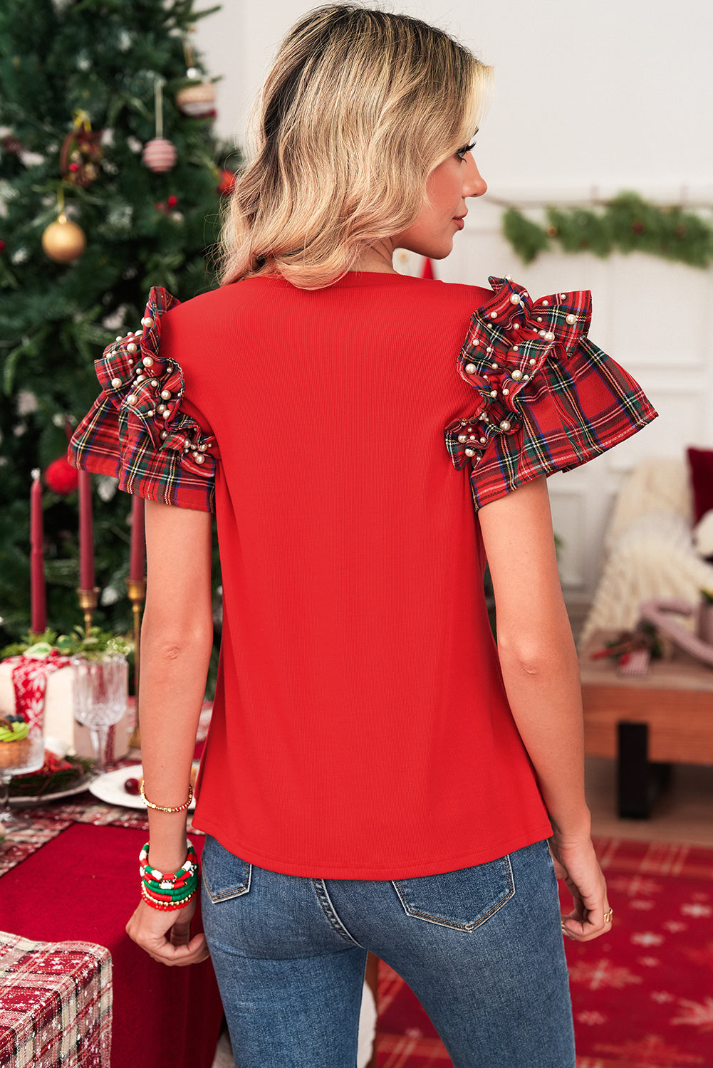Racing Red Pearl Plaid Ruffle Sleeve Loose T Shirt 26af13c440c96f6c