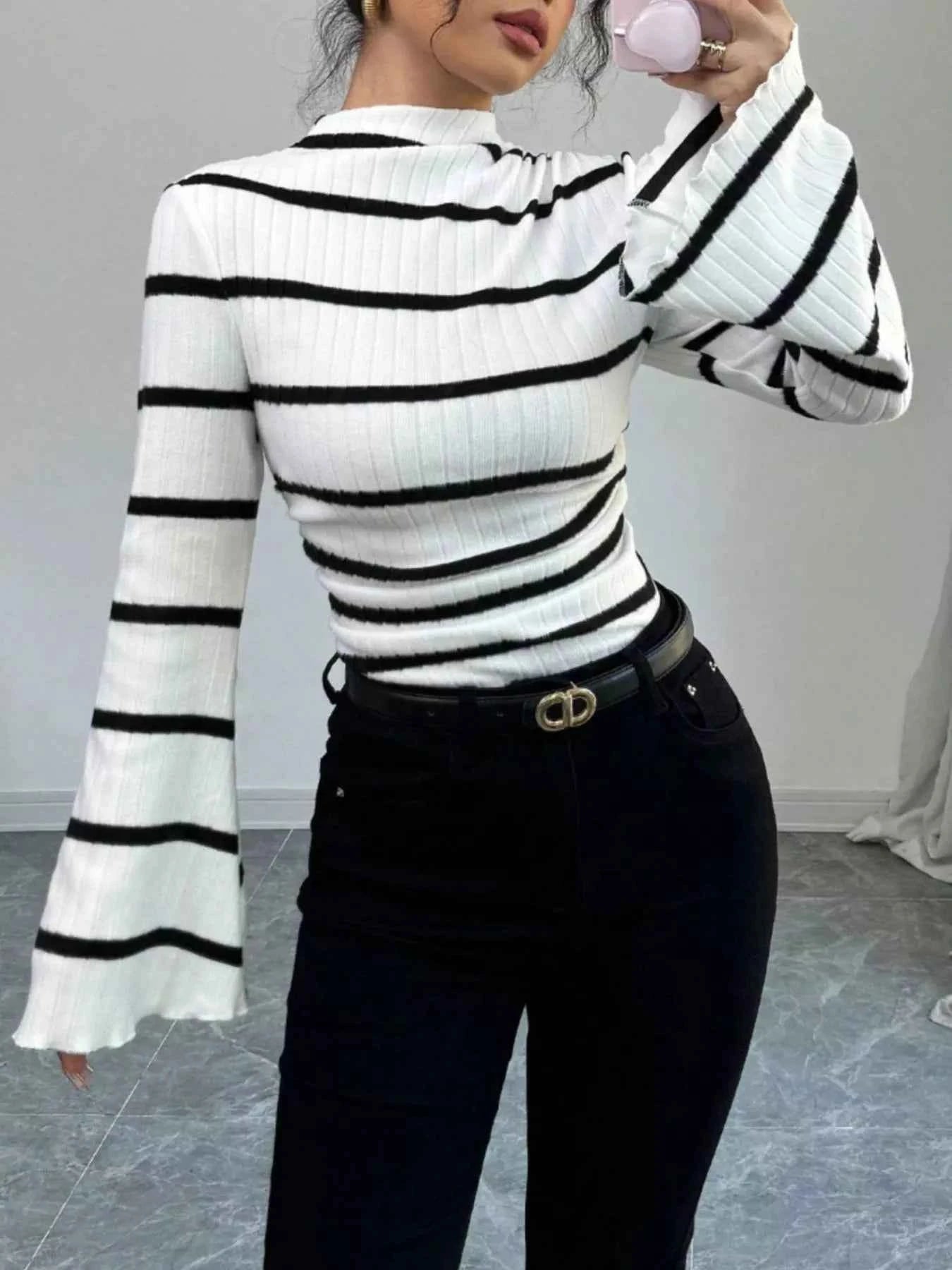 Striped Mock Neck Flare Sleeve Knit Top 26c9fc11-9734-4886-9091-a49035e2b5c7-Max-Origin