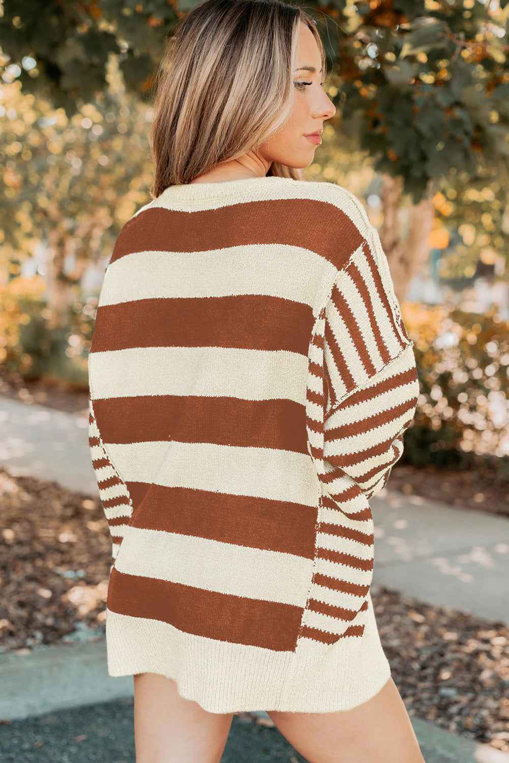 Brown Stripe Drop Shoulder Sleeve Patchwork Baggy Sweater 27180c14e0d31252