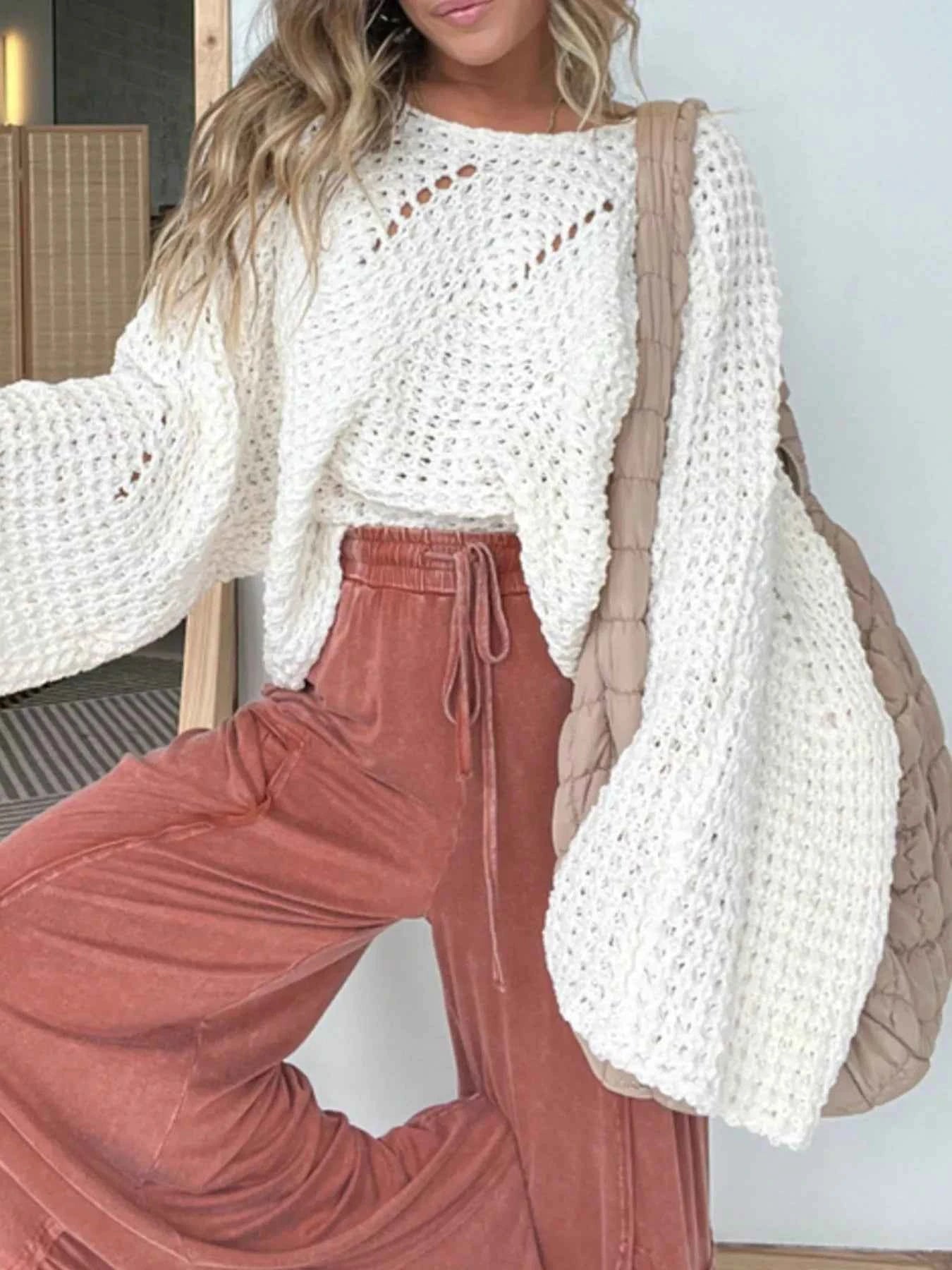 Openwork Batwing Sleeve Sweater White 27c996d1-d1f1-4301-bc12-b24b02215cdf-Max-Origin