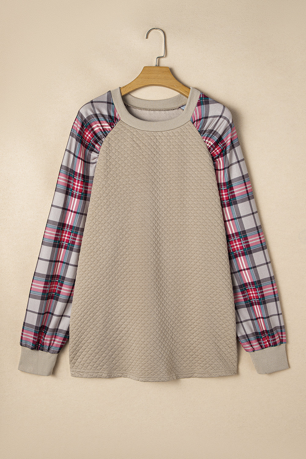 Apricot Plus Size Plaid Raglan Sleeve Crew Neck Sweatshirt 27efb7a7ab6e01f5