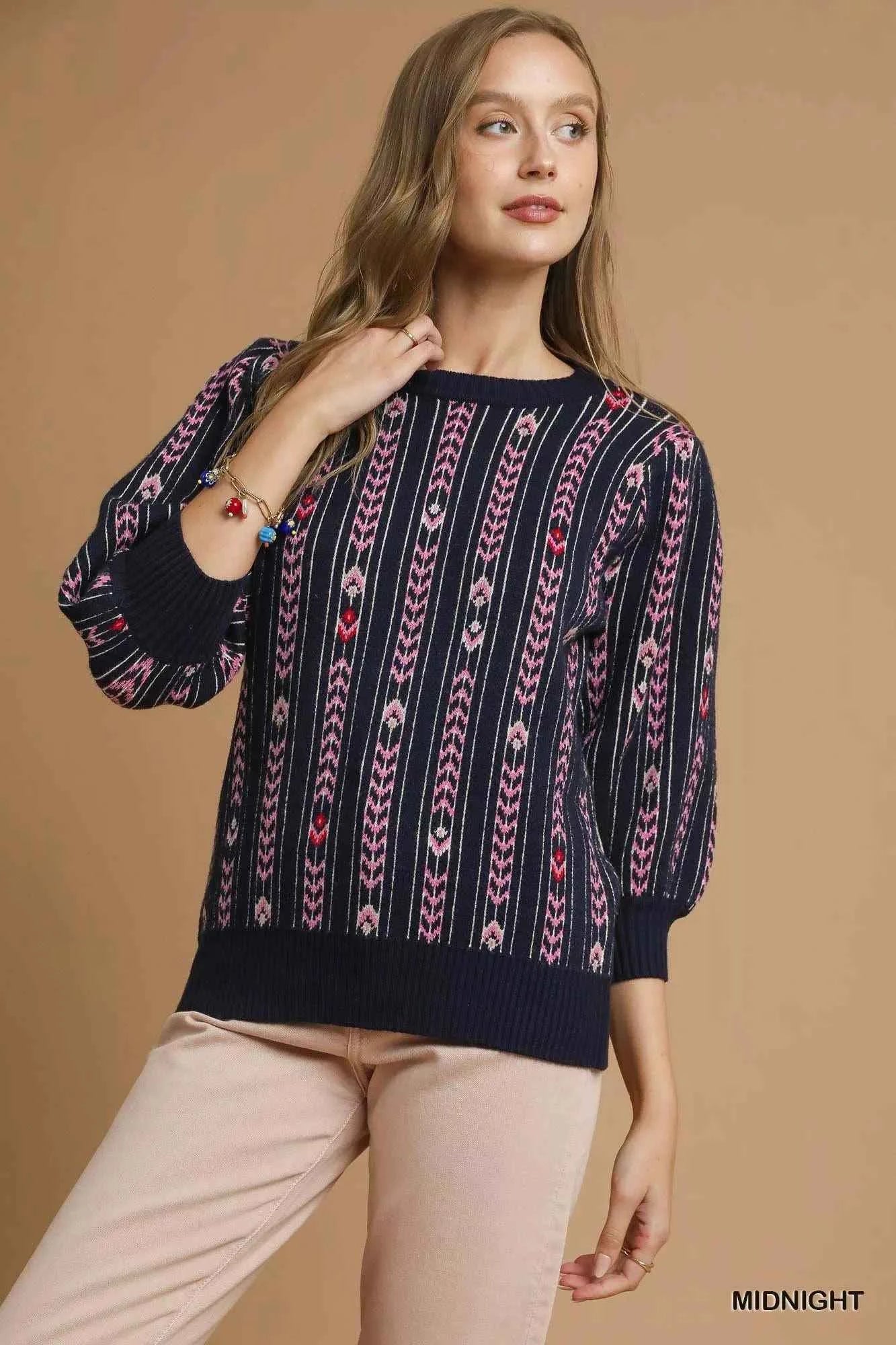 Umgee Jacquard Knit Puff Sleeve Sweater MIDNIGHT 27f6e099-ac83-4859-a2de-ee0813a4cc3b-Max-Origin