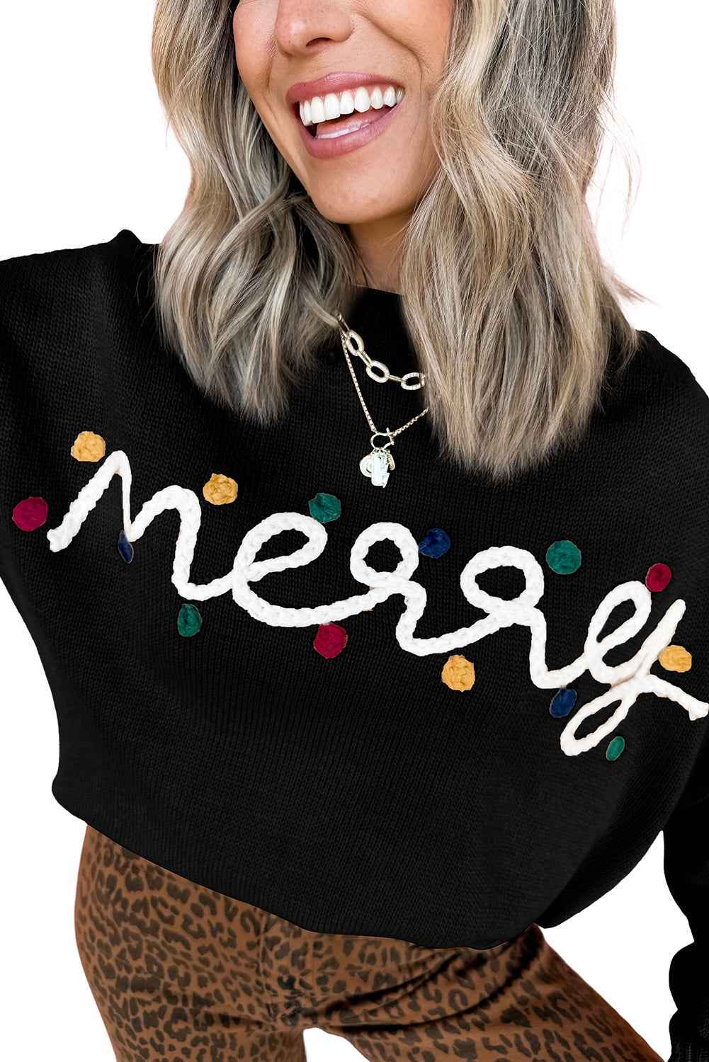 Smoke Gray Merry Colorful Dot Detail Christmas Dolman Sweater