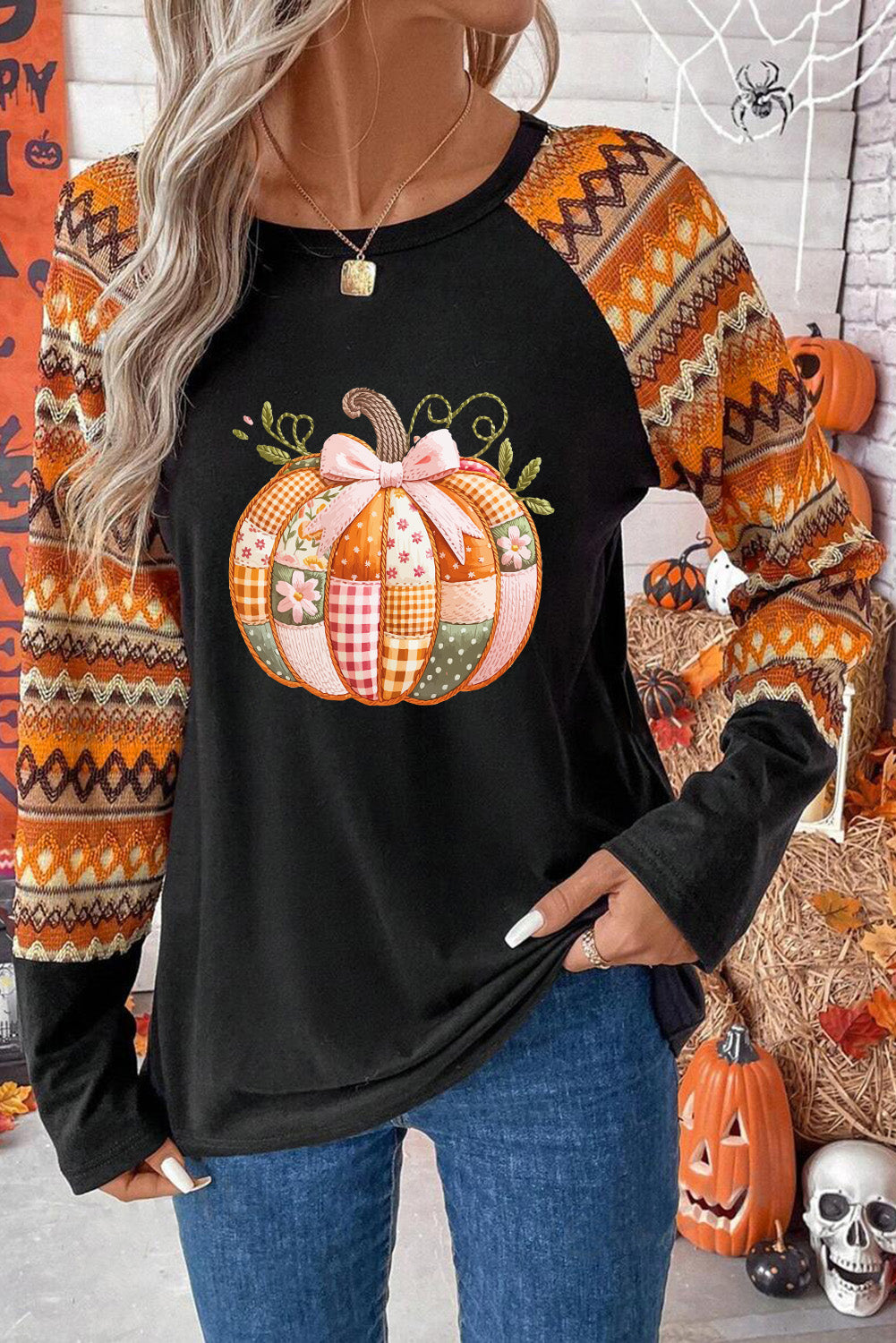 Orange Cute Pumpkin Graphic Geo Heat Transfer Printing Raglan Long Sleeve T Shirt 299103d9e3584e77