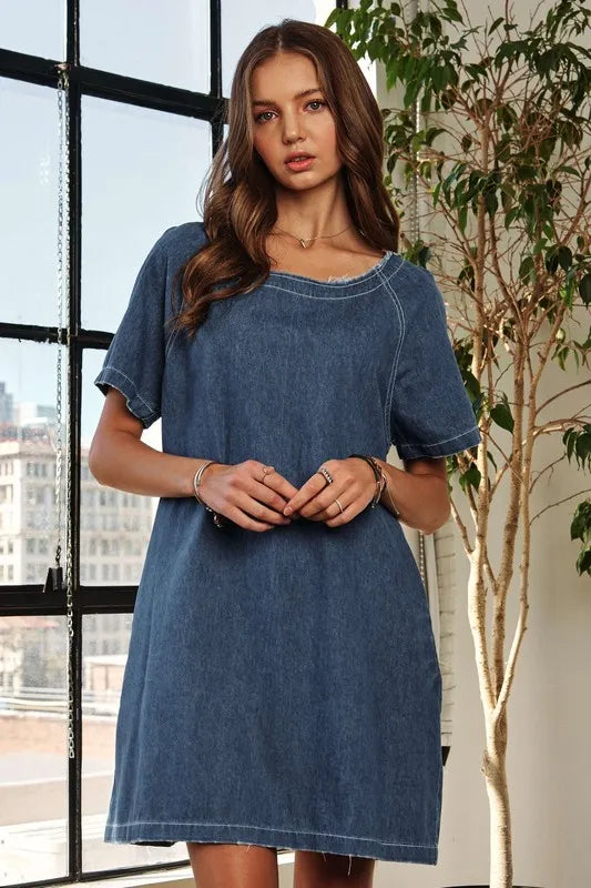 ADORA Raw Hem Mini Denim Dress with Pockets Dark 29cd0859-4834-4440-b49d-fbb7e52b5934-Max