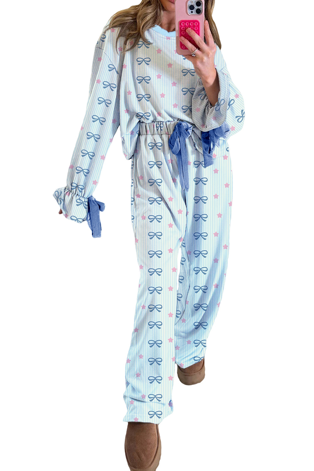 Sky Blue Stripe Bow Star Print Tied Detail 2pcs Lounge Set Sky Blue Stripe 95%Polyester+5%Elastane 29f44233ac7fb46f