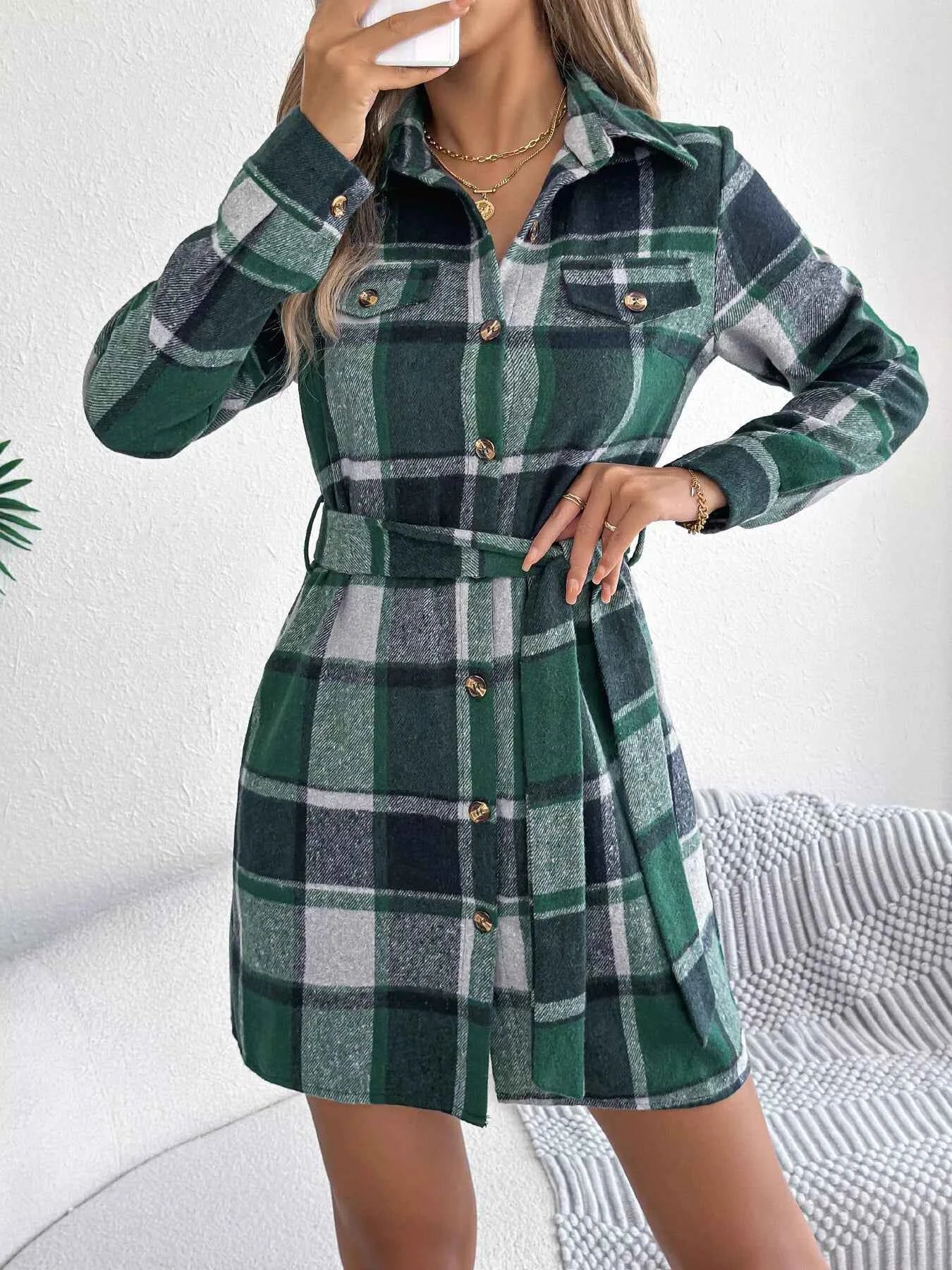 Plaid Button Front Tie Waist Shirt Dress 2a3e5f504c81449d94cda5ccb2772e69-Max-Origin