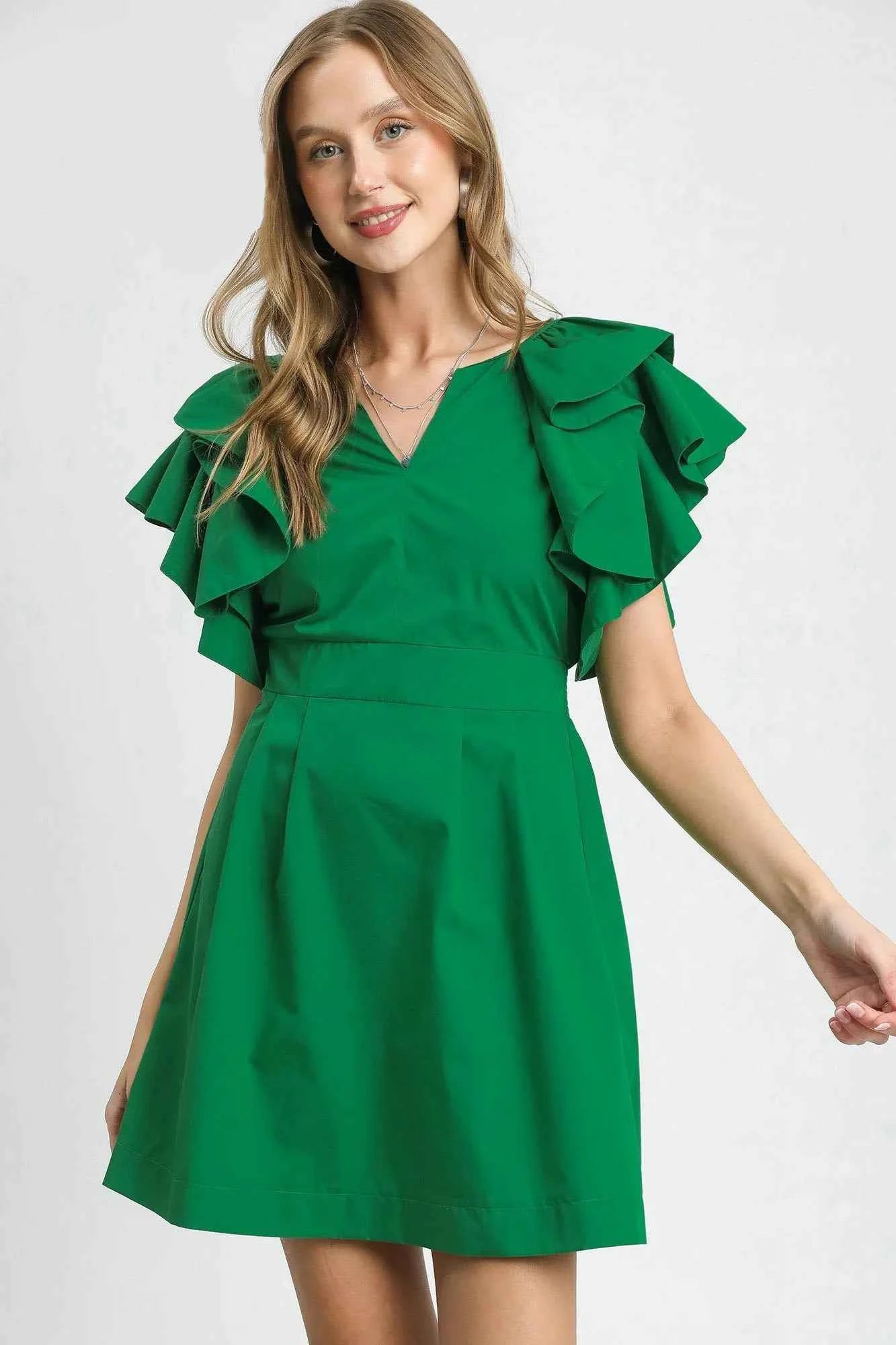 Umgee Double Ruffle Sleeve Fit and Flare Dress Dark Green 2ba83b29-3394-4d98-9082-1d6d45e90b38-Max-Origin