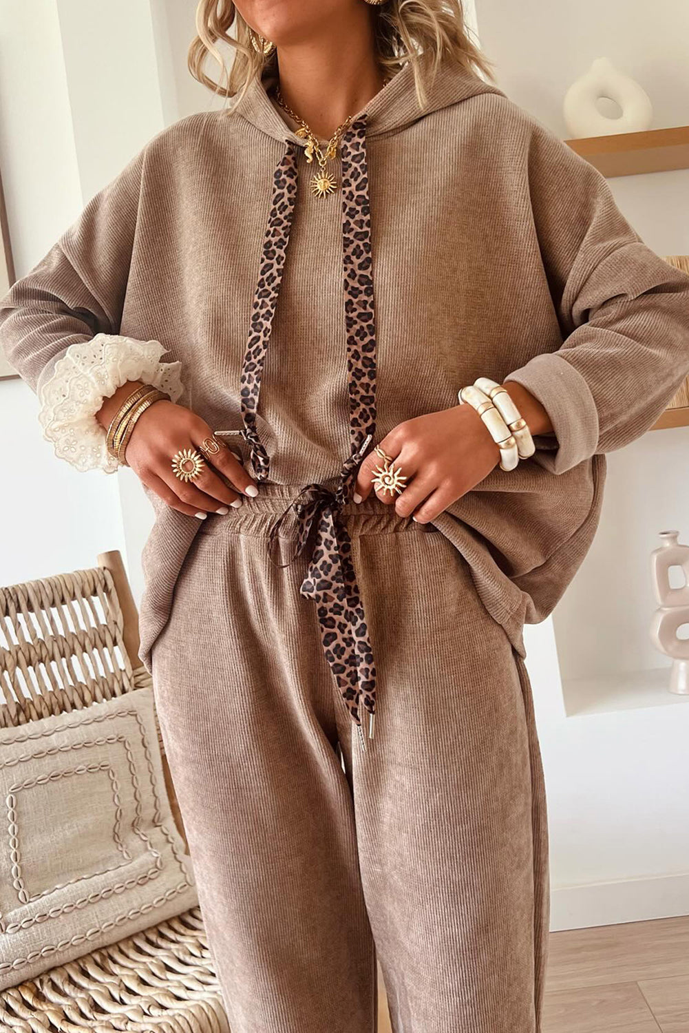 Jet Stream Drawstring Pullover Hoodie and High Waist Pants Corduroy Suit