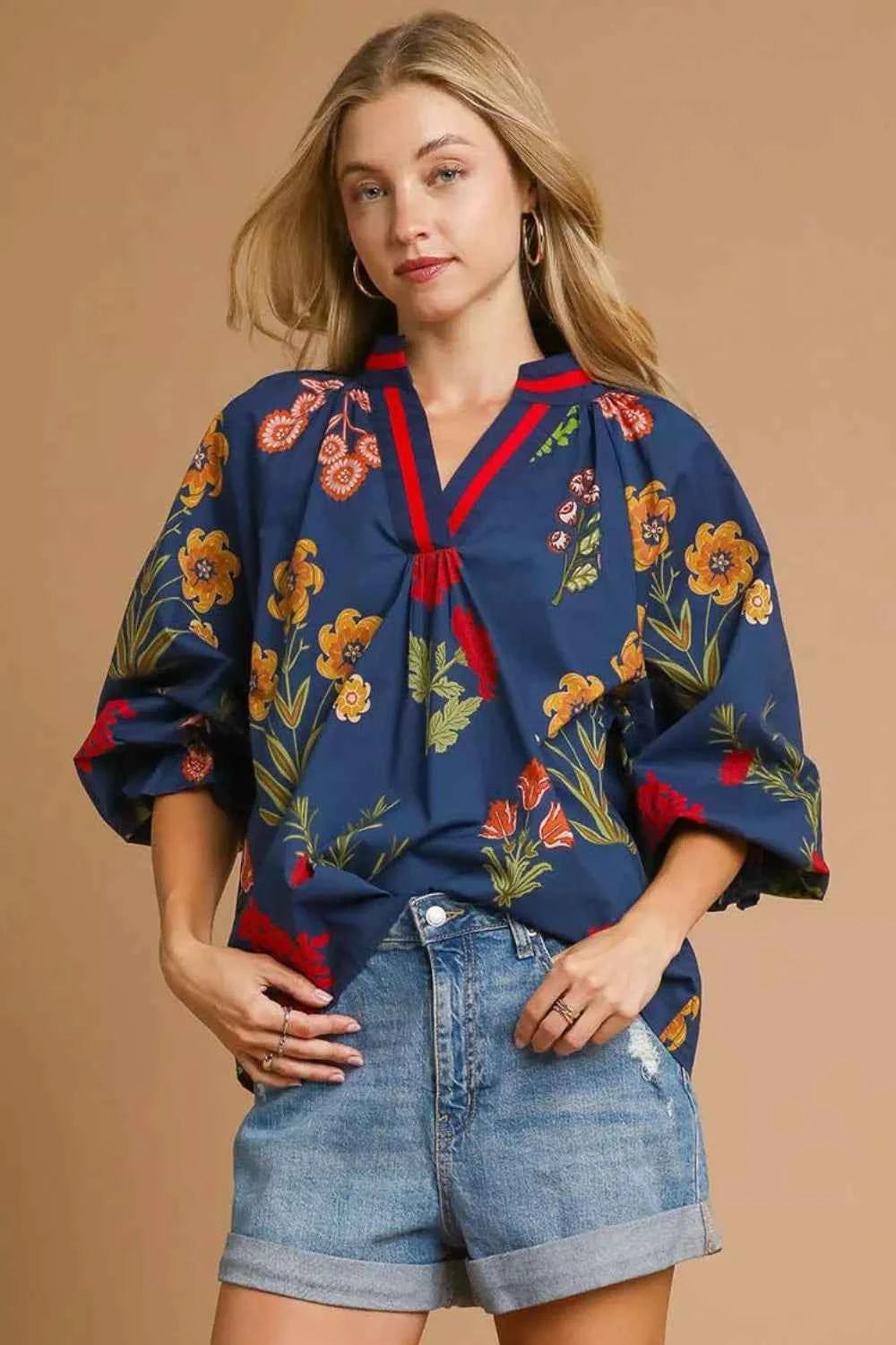 Umgee Floral Print Flounce Sleeve Blouse MIDNIGHT MIX 2d49db52-bfb6-4e1f-b109-dc15313d22ba-Max-Origin