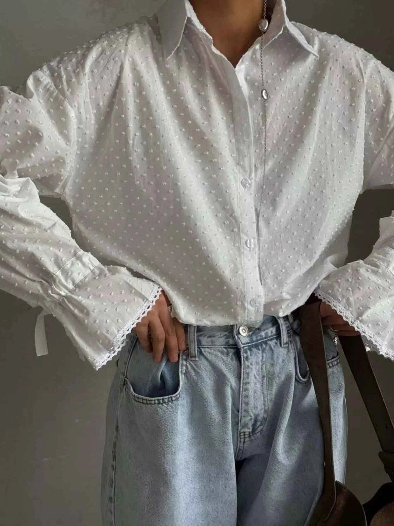 Swiss Dot Flounce Sleeve Shirt White 2d6ba094bba9439bbc2eaa8d380c3398-Max-Origin