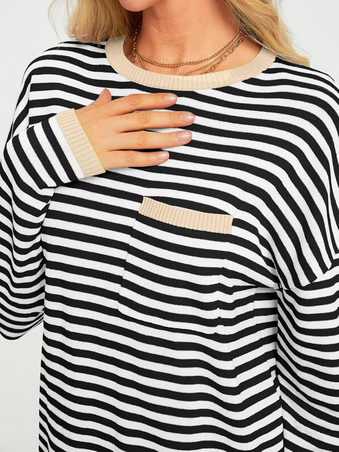 Striped Long Sleeve Sweater with Contrast Ribbed Trim Black Tan 2d9a1c8c-4da5-4af6-8a6f-daa6041cfd44-Max-Origin