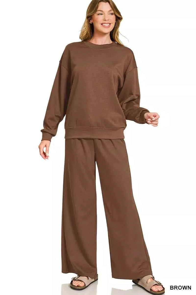 Zenana Scuba Crewneck Pullover and Pants Set BROWN 2dee0fa0e0504a0f8985f8bb6b78e2ad-Max-Origin