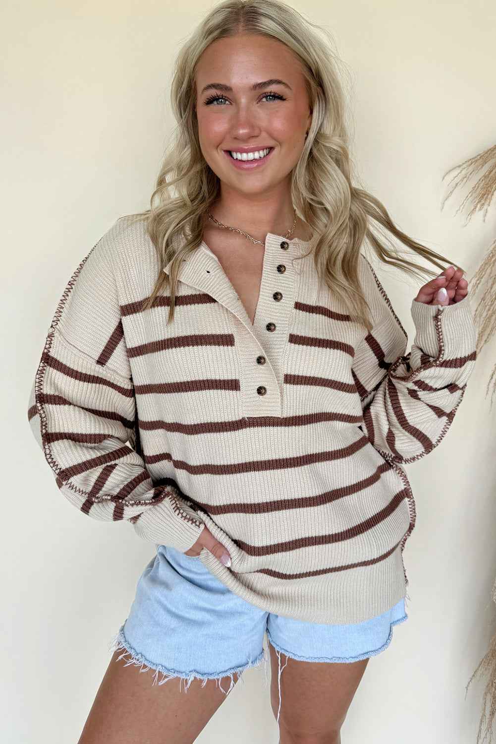 Brown Striped Exposed Seam Loose Henley Sweater 2eaefdb57a264899
