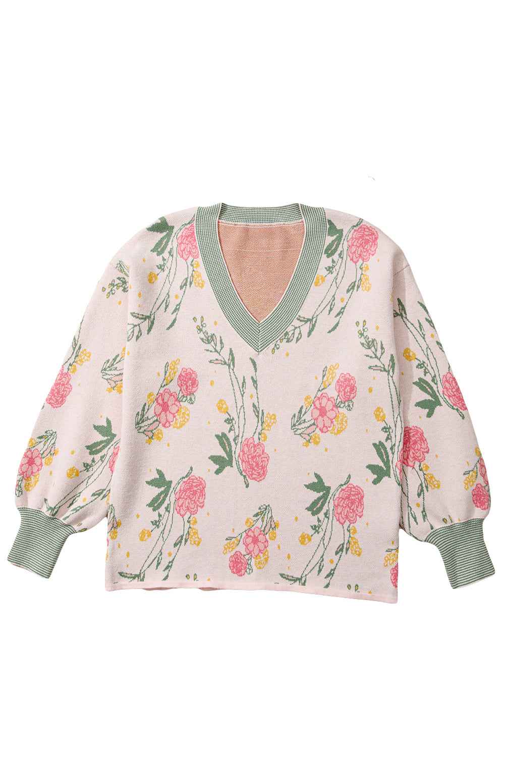Pink Floral Striped Colorblock V Neck Loose Sweater 2ef7070f0ec4eb93