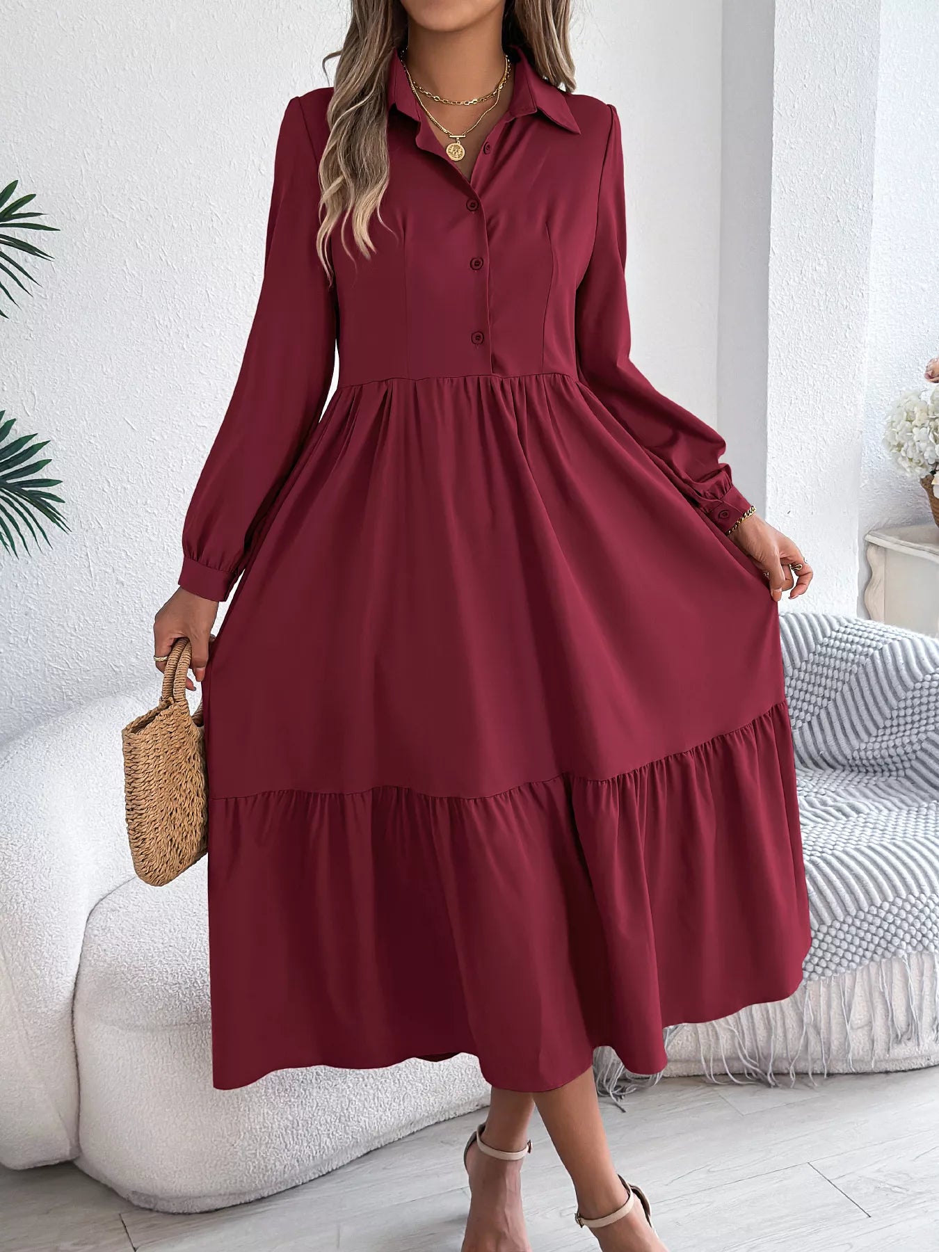 Long Sleeve Tiered Button Front Midi Dress Burgundy 2efcb4a370ef4bf6be37fbd906506276-Max-Origin