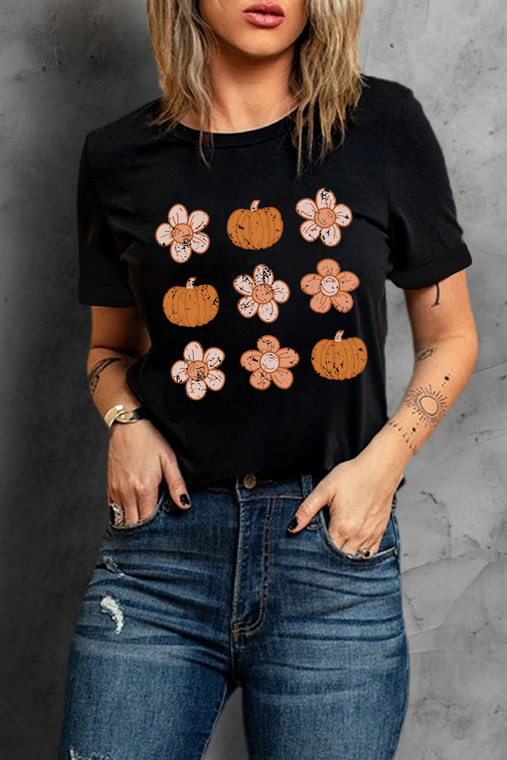 Black Pumpkin Flower Print Short Sleeve Graphic T Shirt 2f9f593b98d075cf