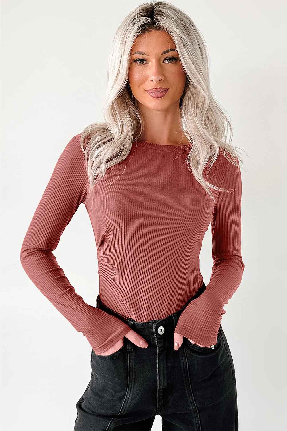 Mineral Red Ribbed Long Sleeve Crew Neck Solid Color Bodysuit