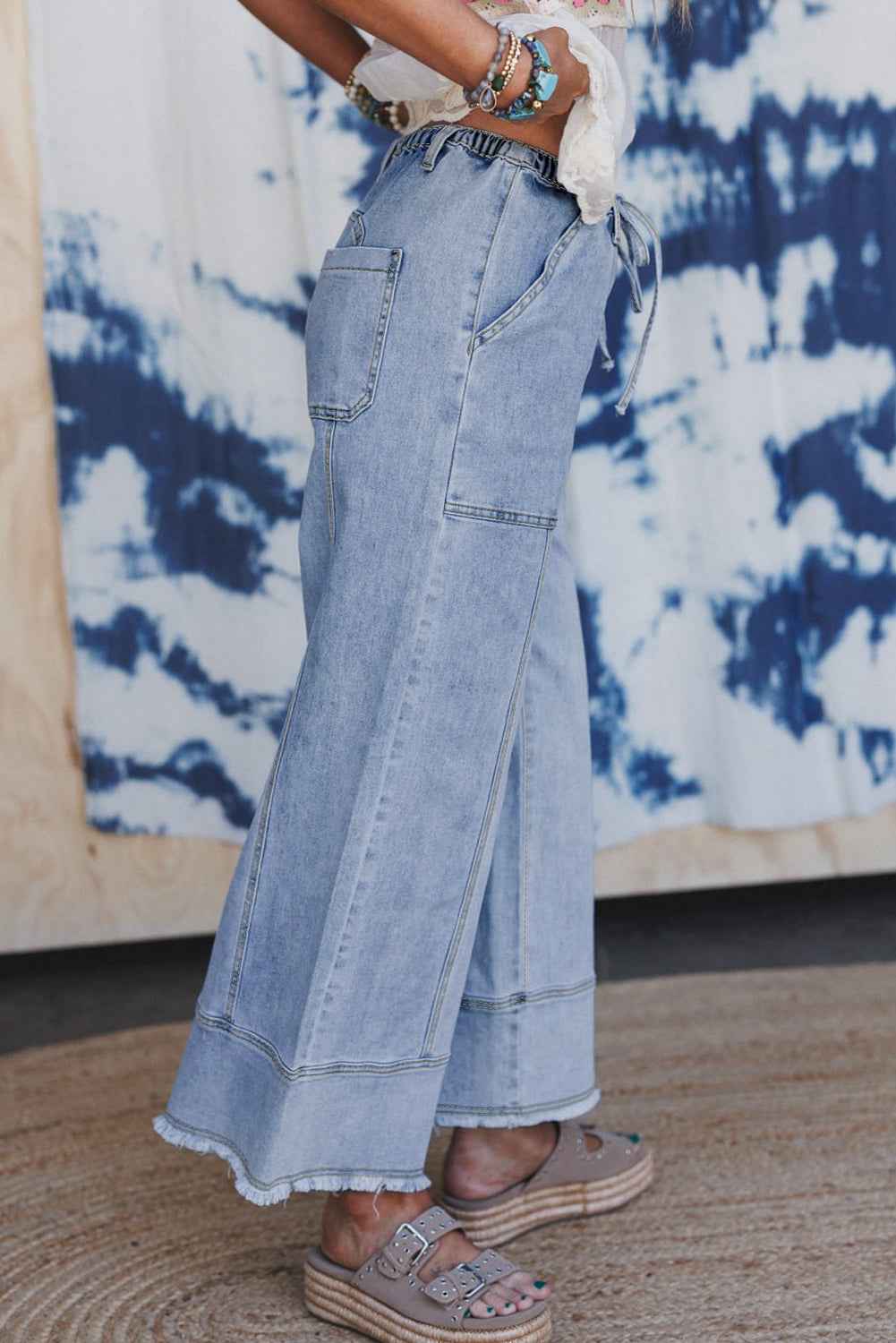Beau Blue Drawstring Seam Detail Raw Hem Wide Leg Jeans 2fd6622b2f330d8d