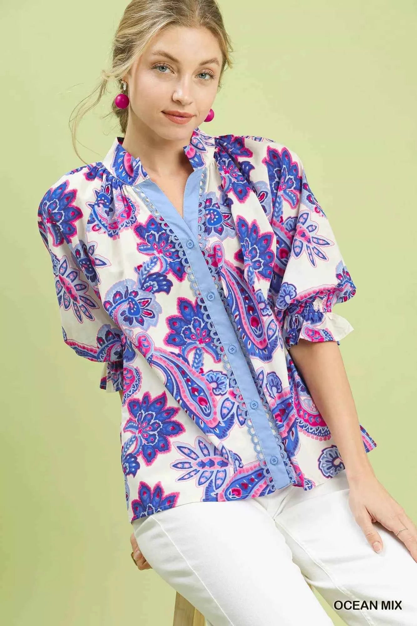 Umgee Paisley Print Button Front Blouse with Scallop Trim Detail