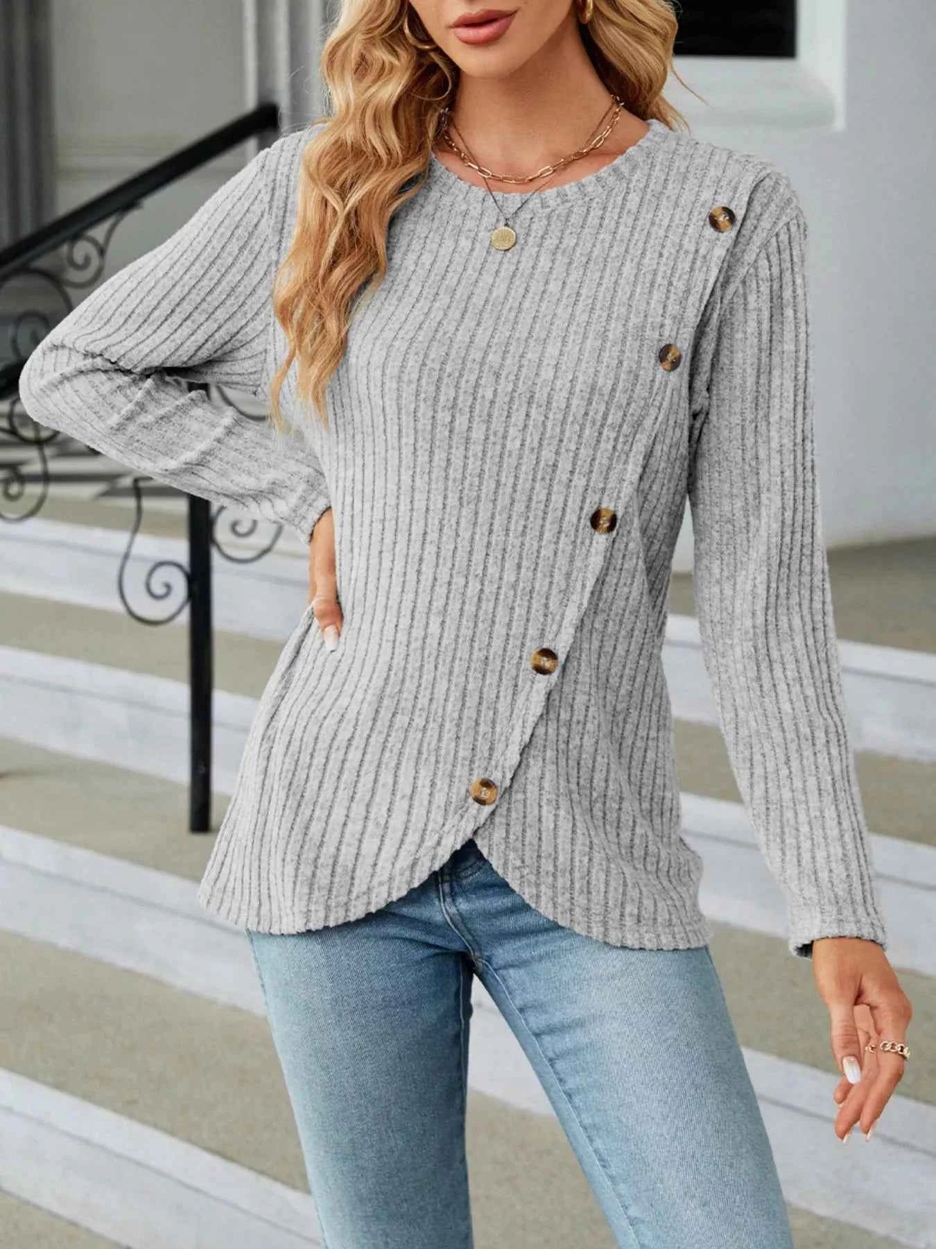 Ribbed Knit Decor Button T-Shirt Light Gray 304b41c9-7cef-4f75-bced-d132b9a17554-Max-Origin