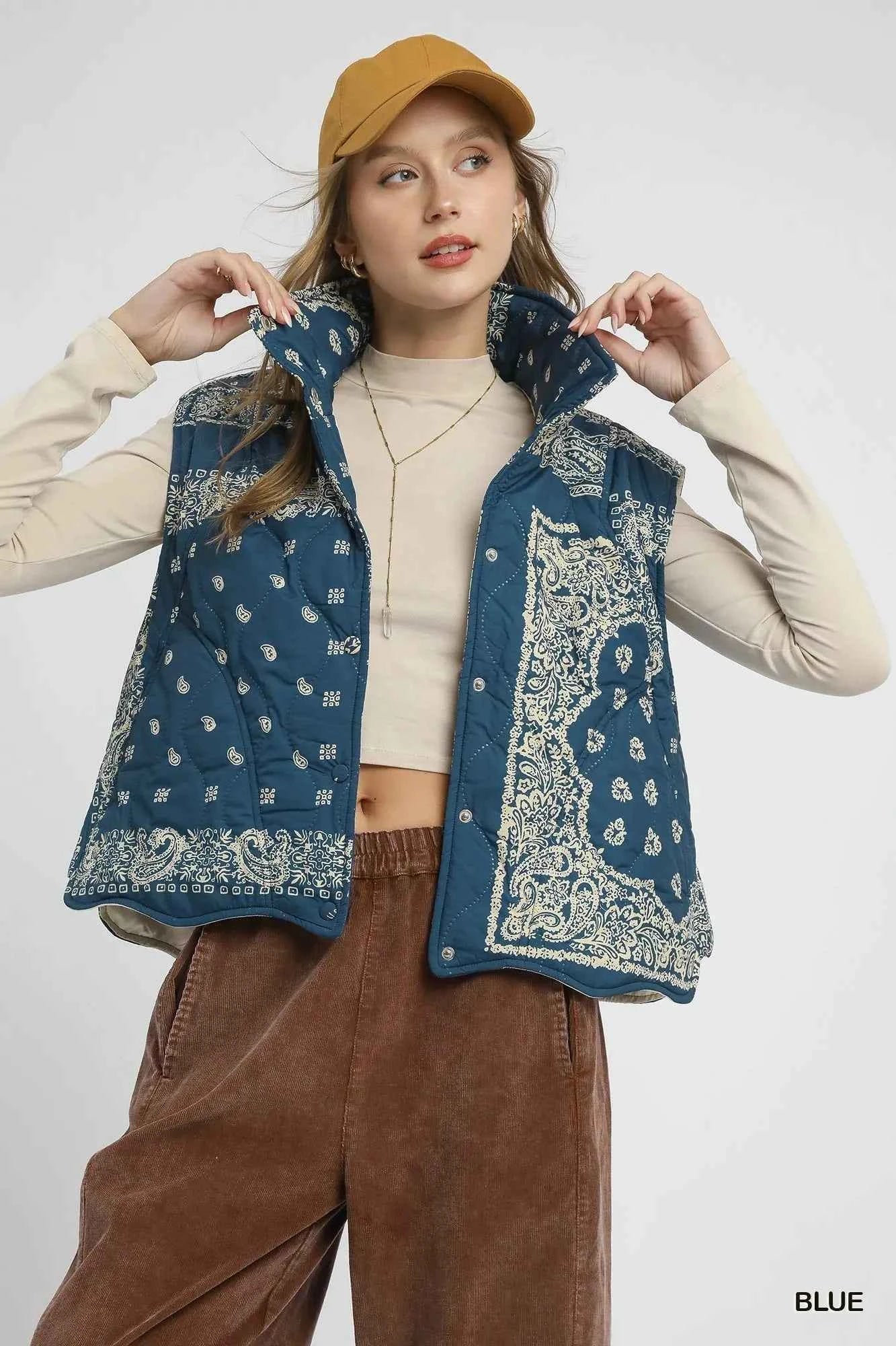 Umgee Bandana Print Quilted Puffer Vest Blue 307f29db-2f3d-4cc5-840d-78b65234dad3-Max-Origin