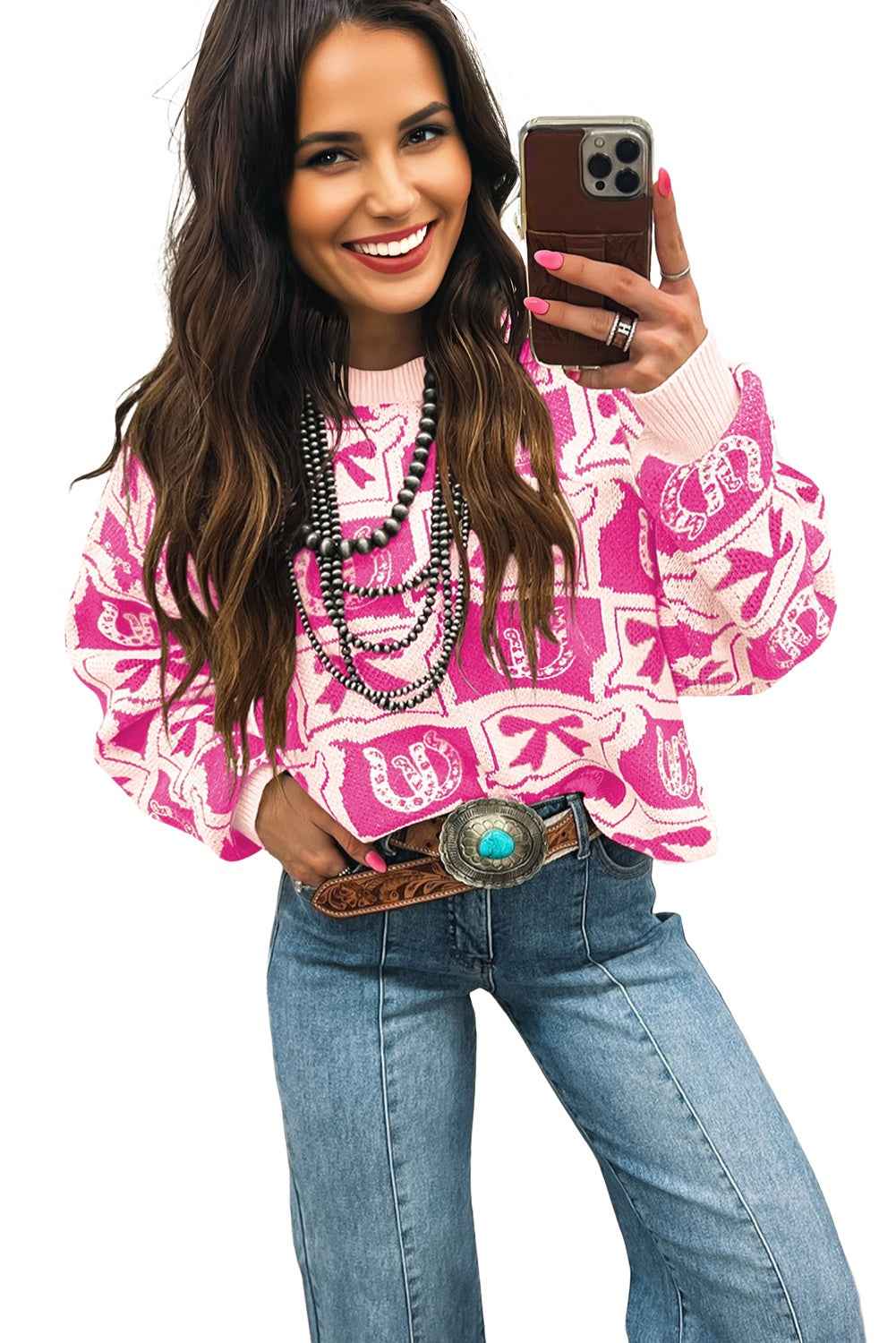 Pink Colorblock Bow Pattern Drop Sleeve Sweater 30a5939cdf9bf7c1