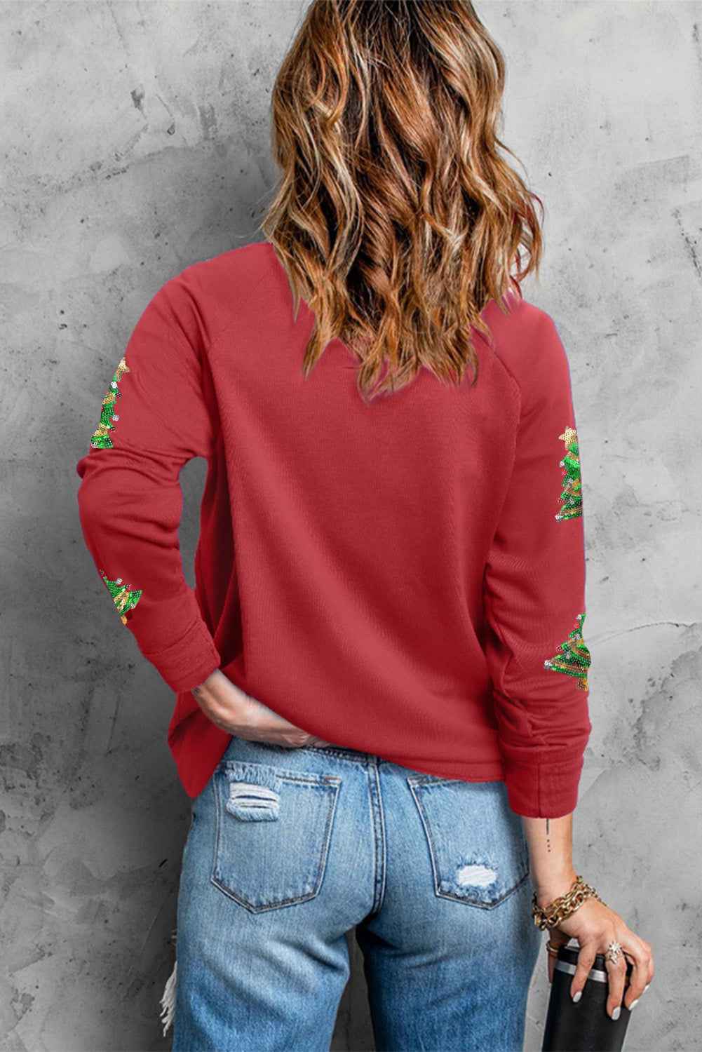 Red Christmas Tree Graphic Sequins Patch Raglan Sleeve Graphic Sweatshirt 30ac1e7eee9d932c