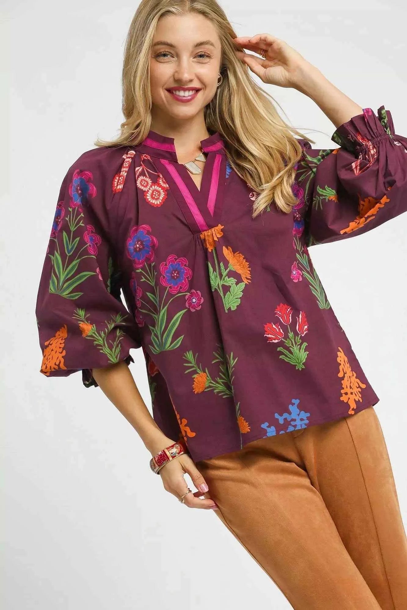Umgee Floral Print Flounce Sleeve Blouse BURGUNDY MIX 310efdd1-83d8-4286-a5a0-82b6403db4ee-Max-Origin