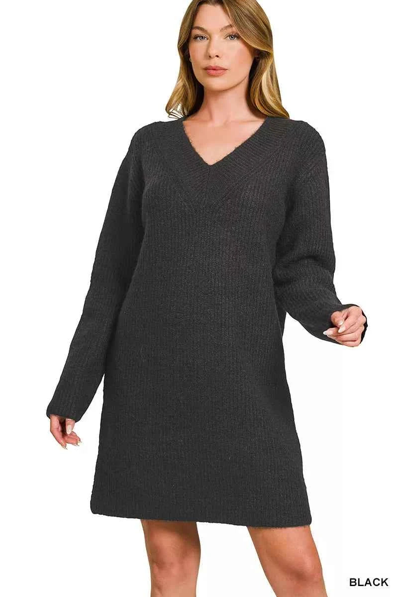 V-Neck Long Sleeve Ribbed Sweater Dress BLACK 3121270be6c3464d8db4aac9e3c281b5-Max-Origin