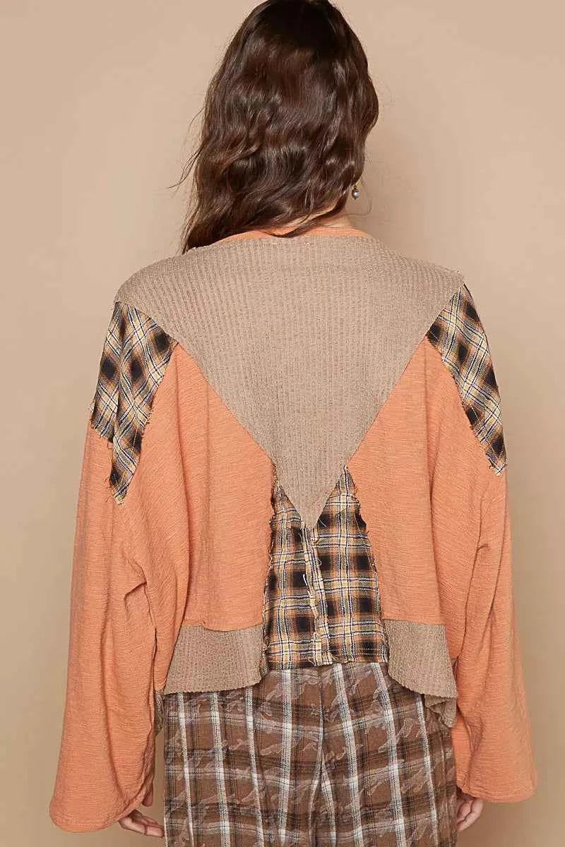 POL V-Neck Long Sleeve Plaid Contrast Top with Texture Knit Detail 3155756f-be8f-4a3b-8083-0dd429c6aa88-Max-Origin