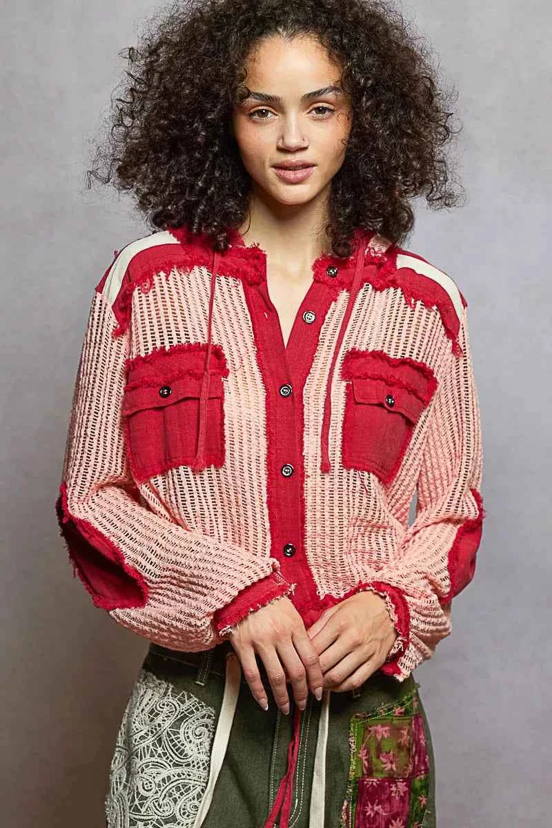POL Texture Woven Button Down Hooded Shirt with Drawstring Hem BLUSH RED MULTI 315988ee-e70f-4409-8a15-5f1f44bc1c49-Max-Origin