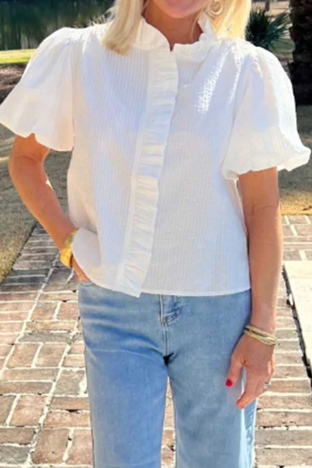 Striped Ruffle Short Bubble Sleeve Shirt