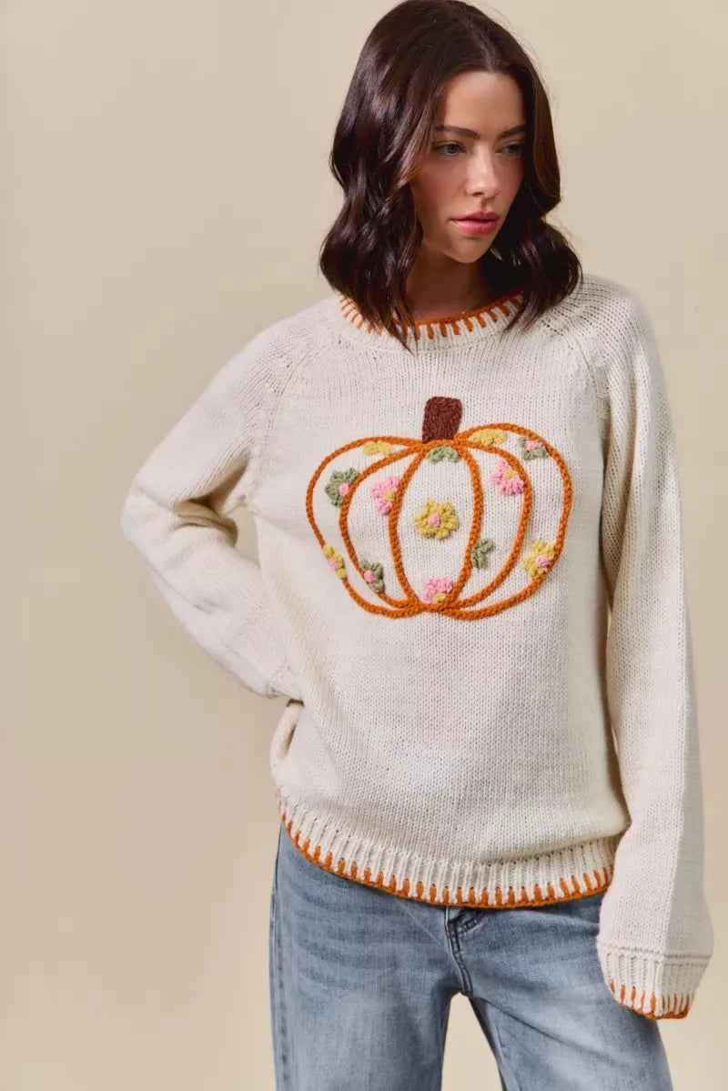 SO ME Pumpkin Floral Embroidered Thanksgiving Sweater IVORY 31f39db950144c53abf6358095666736-Max-Origin