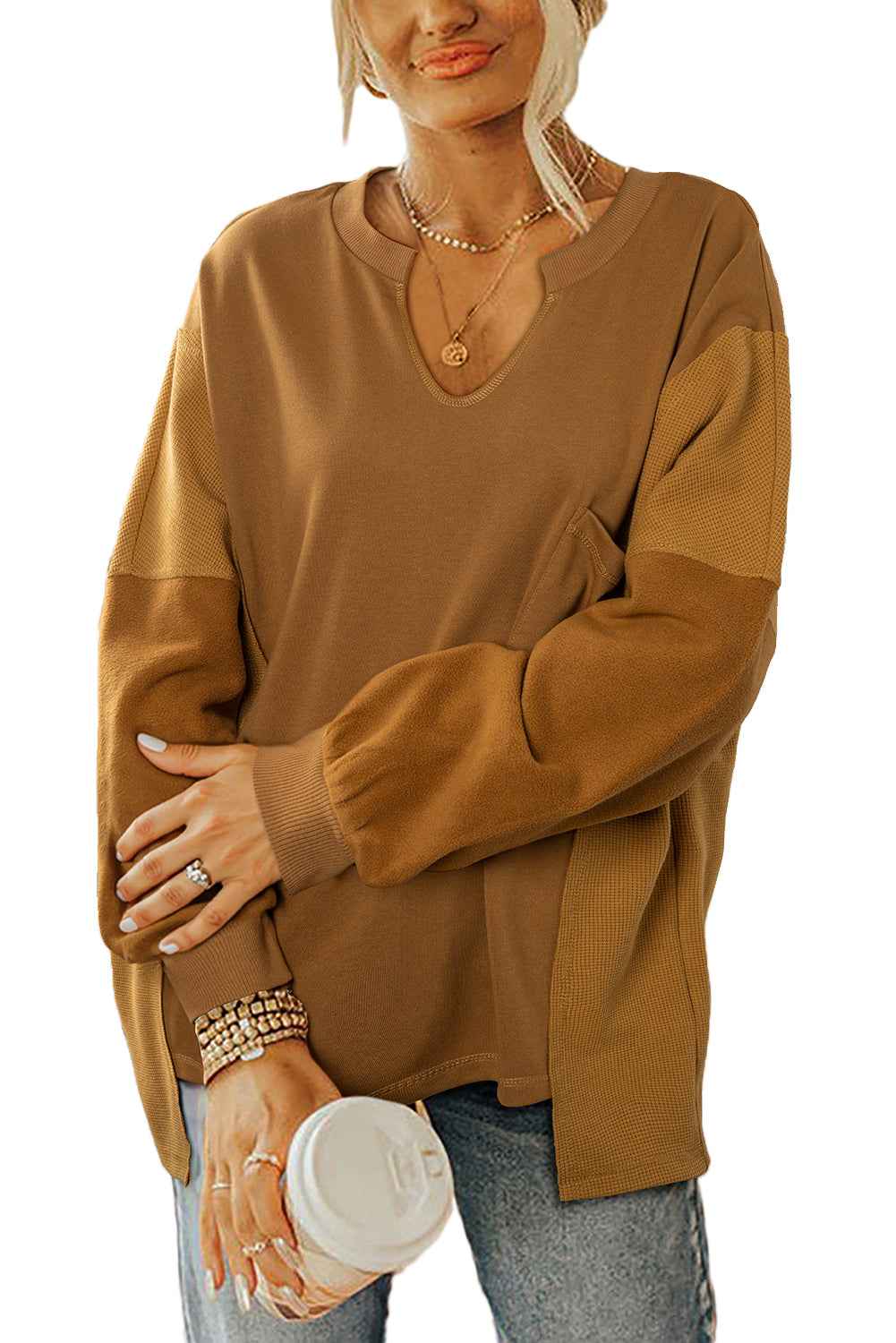 Multicolor Oversized Mixed Textured Split Neck High Low Patchwork Sweatshirt Multicolor 65%Polyester+35%Cotton 32413023e0a607b9