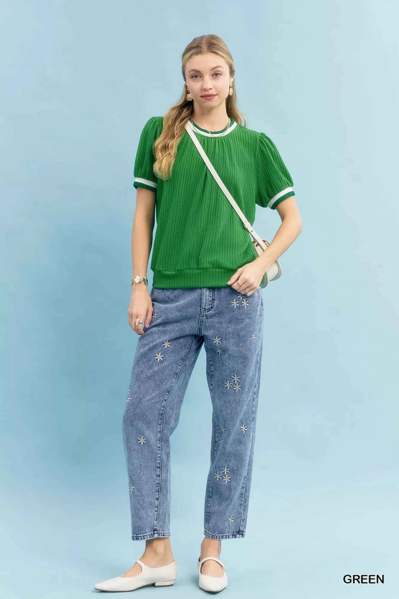 Umgee Puff Sleeve Knit Top with Contrast Rib Trim