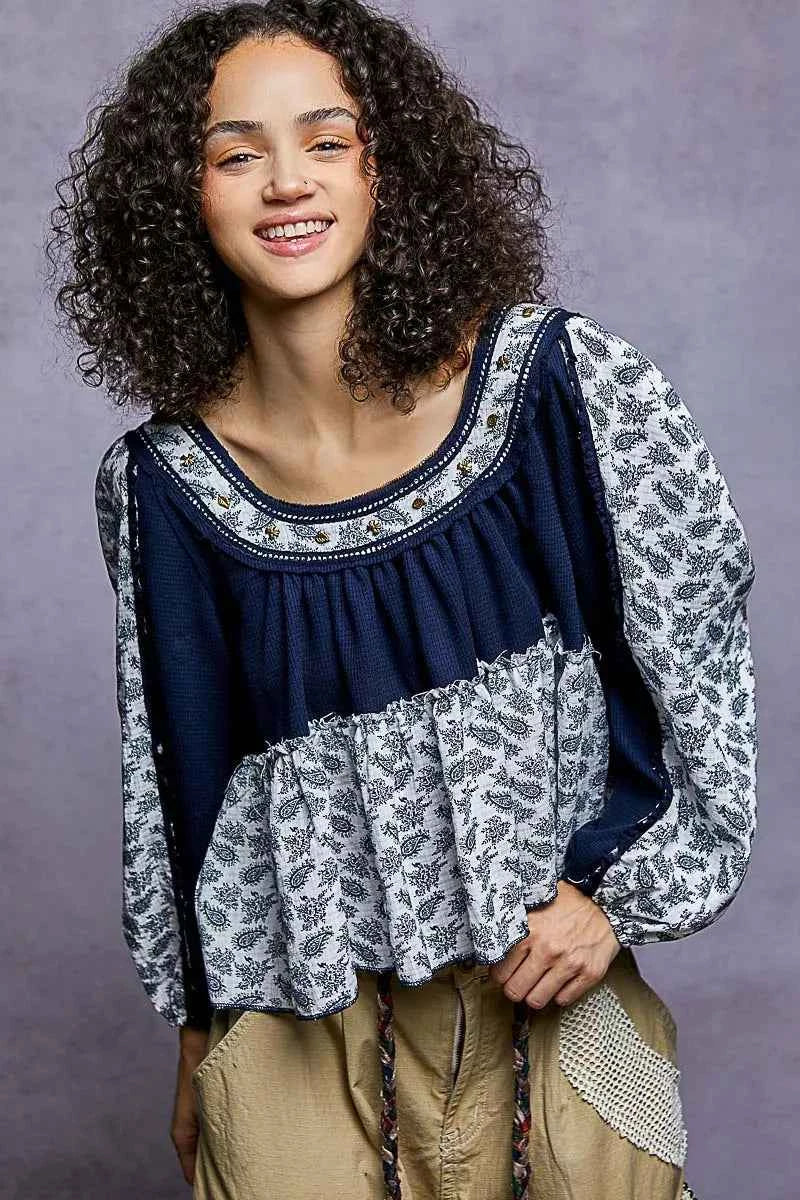 POL Paisley Scoop Neck Balloon Sleeve Cropped Blouse with Stud Detail INDIGO 32af15be-9f35-469d-9b01-8d72c004a70c-Max-Origin