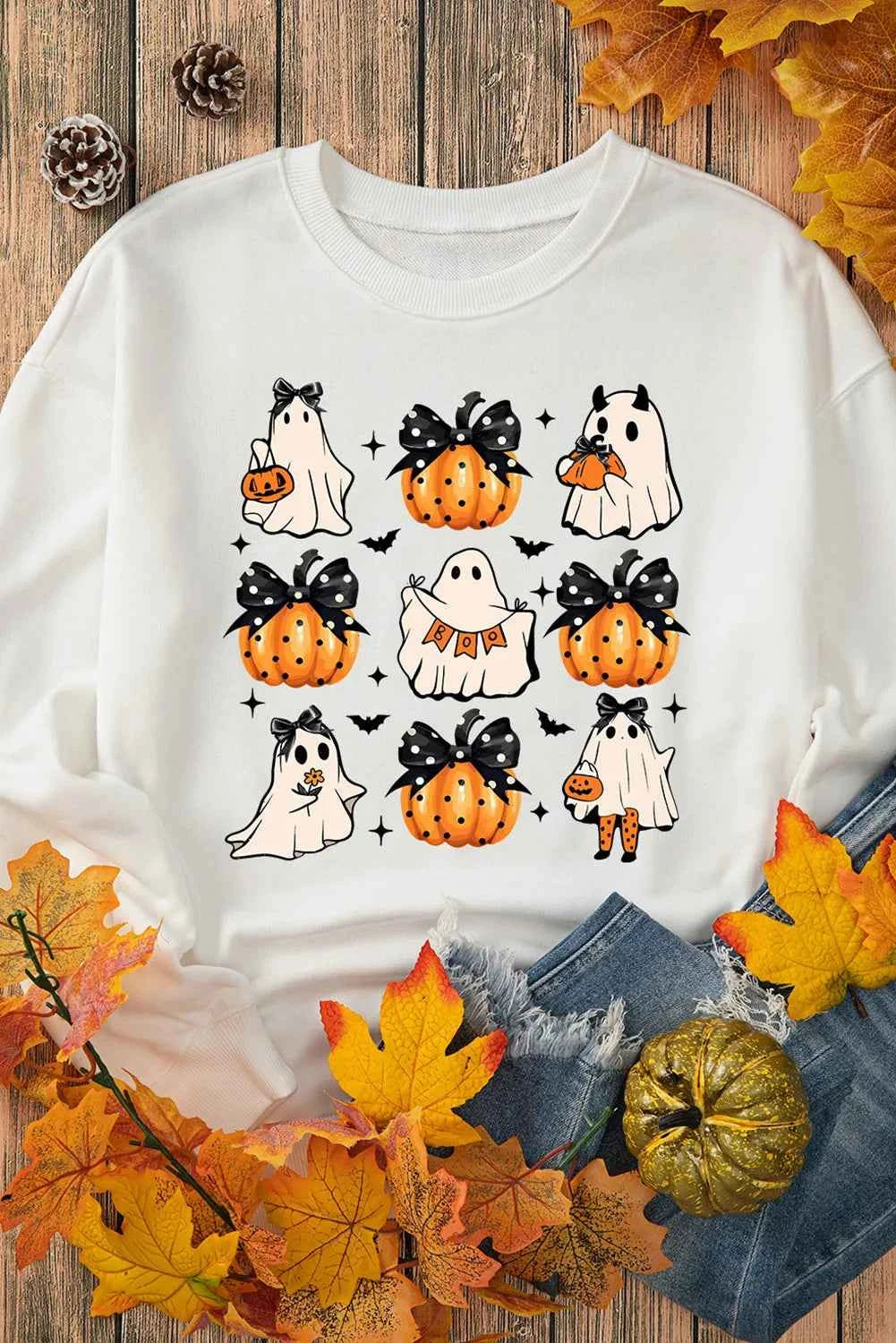 Pumpkin & Ghost Round Neck Long Sleeve Sweatshirt 32fe4eb8-bea0-4157-954f-9e04201d81c1-Max