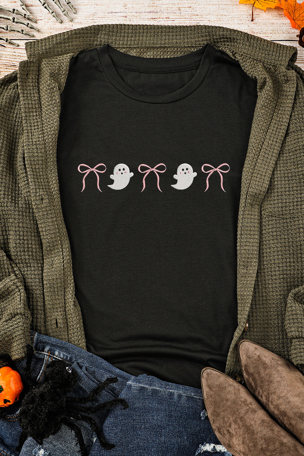 Black Halloween Ghost Bow Embroidered Loose T Shirt 33fbd26d6dc6ae5b