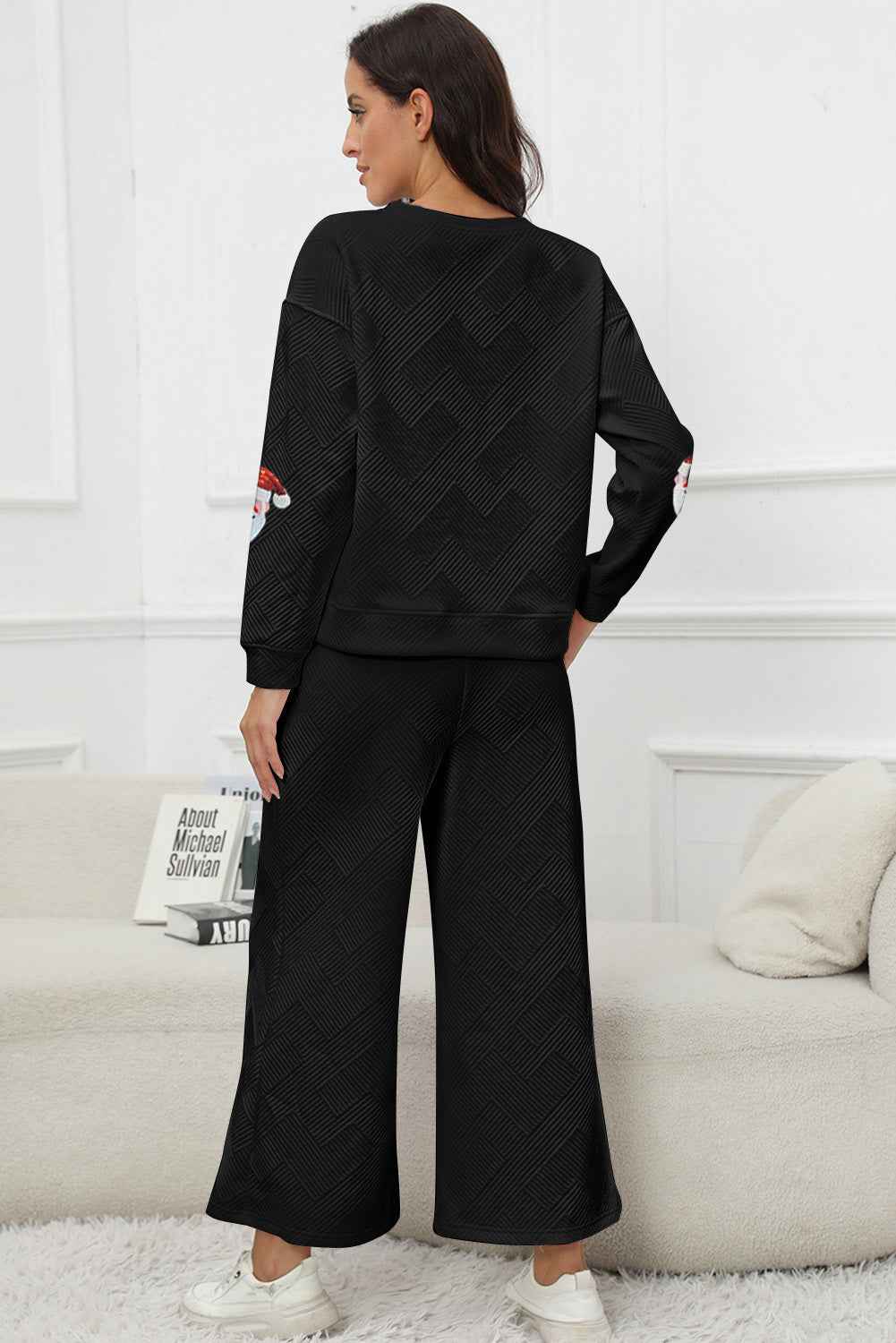 Black Christmas Santa Clause Graphic Sequins Patch Textured Pants Set