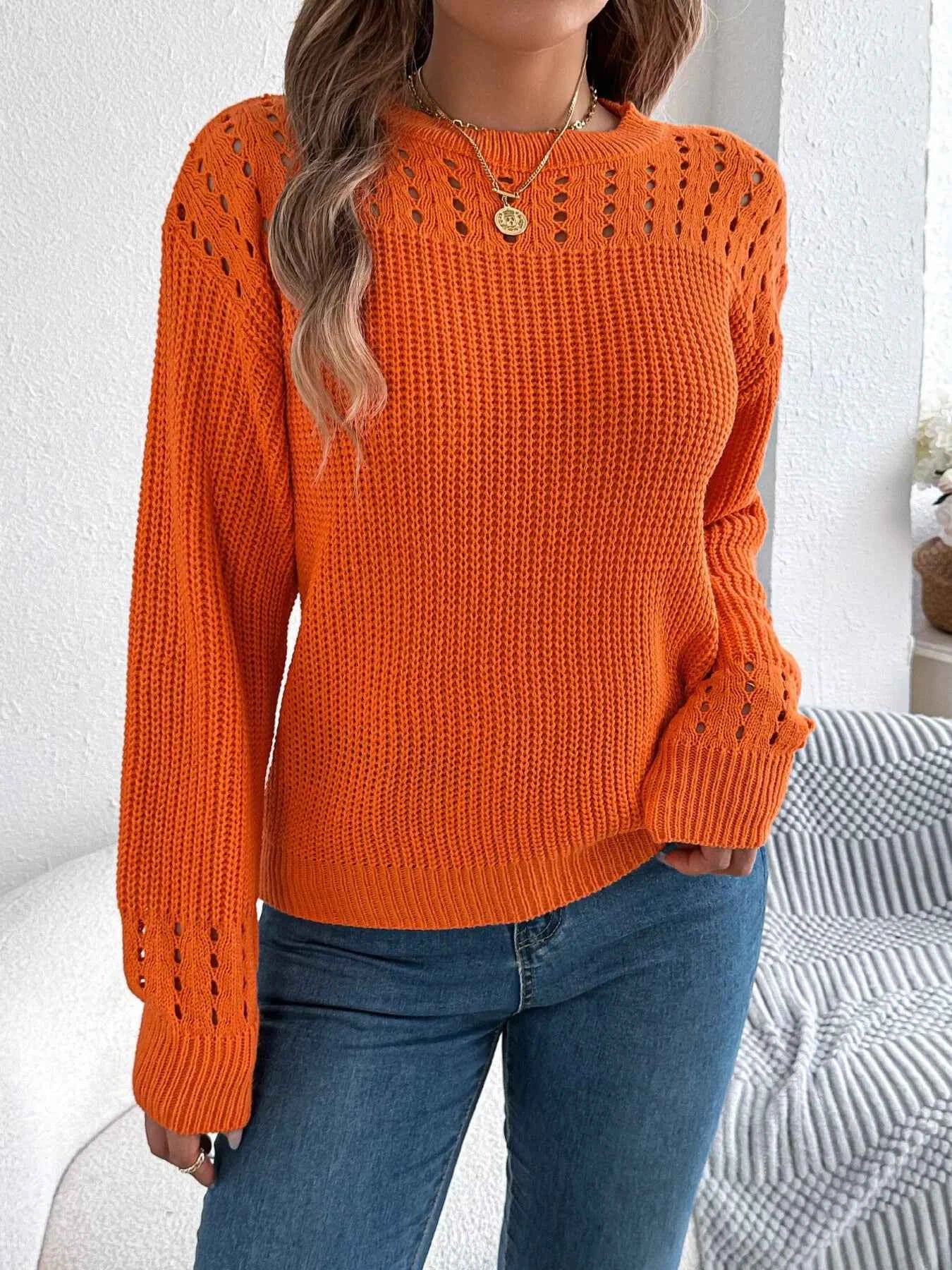Openwork Round Neck Long Sleeve Sweater Orange 343760b47edf4c5ab7ac7aeb67073cb5-Max-Origin