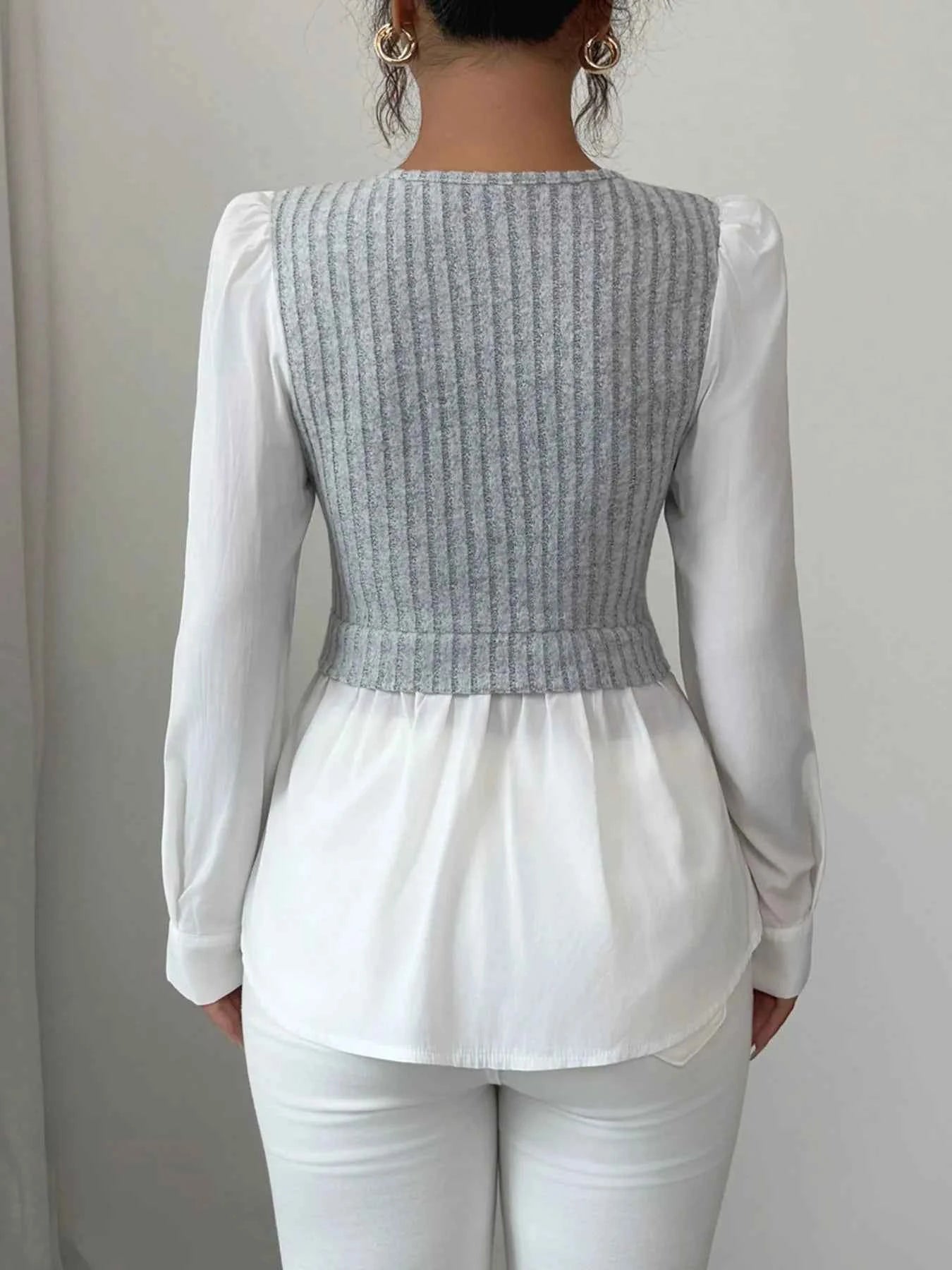 Ribbed Knit Splicing Contrast Long Sleeve Blouse 34930b25-d32b-4a16-ab9e-7a49d6b79e00-Max-Origin