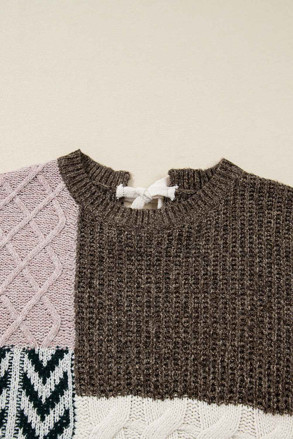 Brown Plus Size Color Block Patchwork Knotted Back Loose Fit Sweater 35c8dad8f32ec574