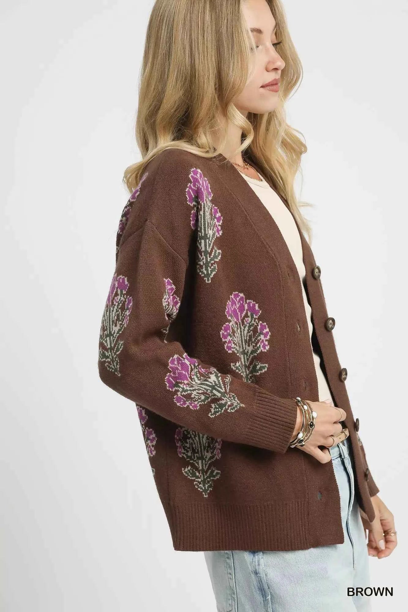 Umgee Single Flower Stem Jacquard Cardigan Sweater
