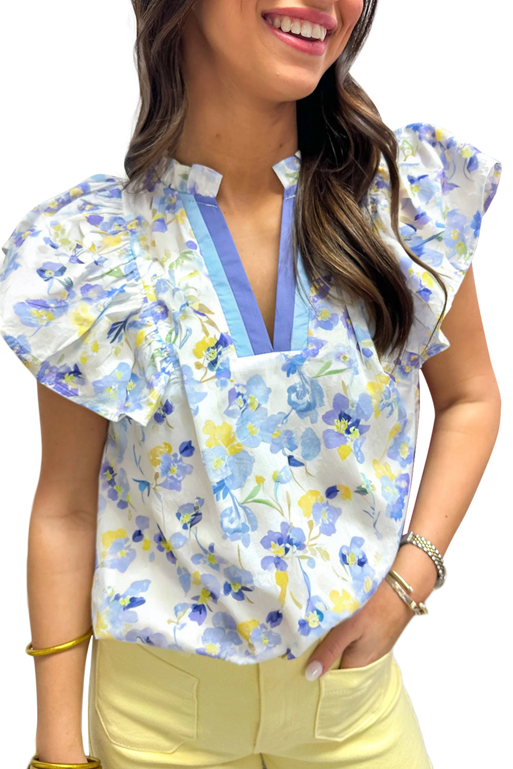 Sky Blue Floral Print Frilled Notch V Neck Ruffle Blouse 36a55cb97c3dfbcd